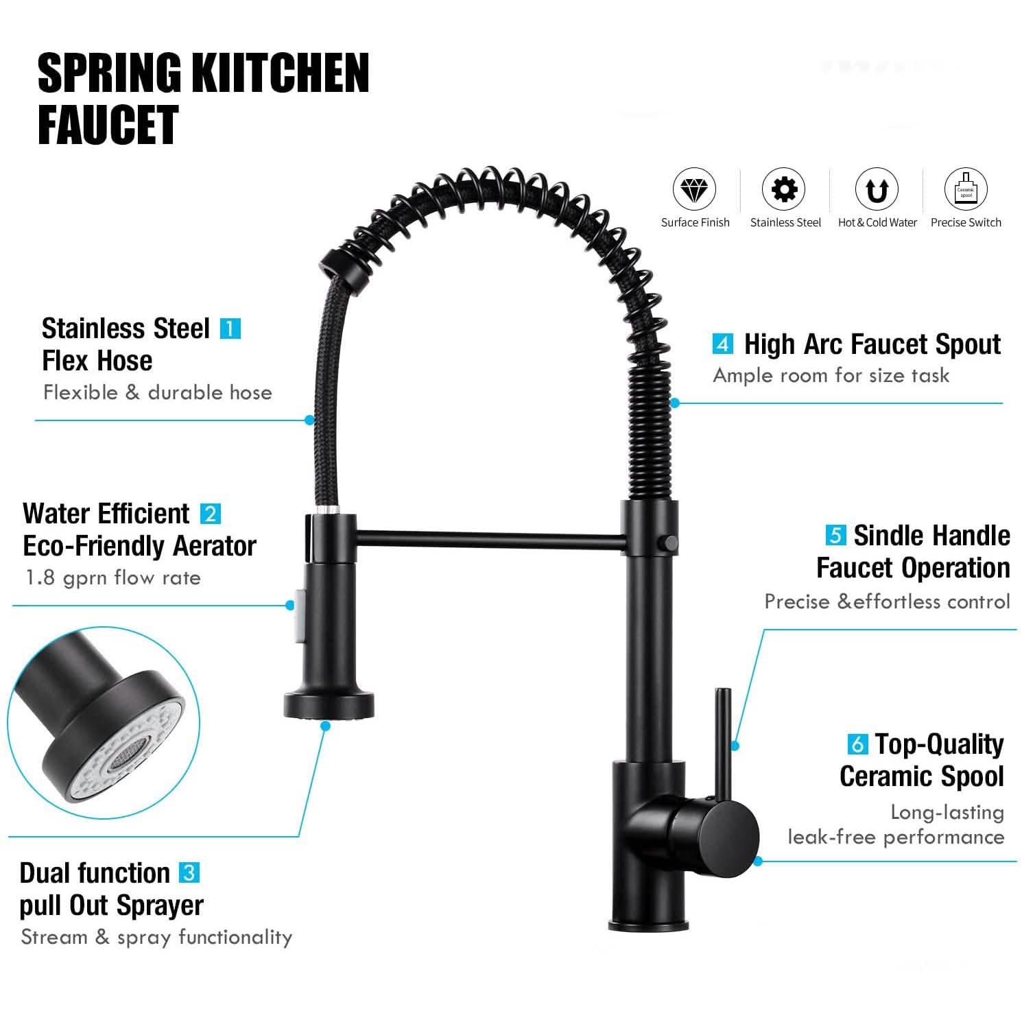 High Arc Spring Kitchen Sink Faucet