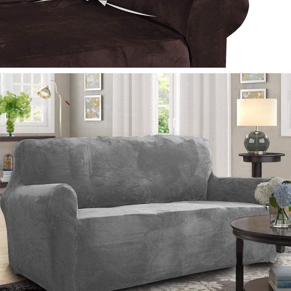 High Quality Velvet Plush Sofa Cover for Living Room Sectional Couch Cover Elastic Case Sofa Slipcover Stretch 1/2/3/4 Seater Velvet Sofa Couch Furniture Protector Soft Anti-Slip High Stretch