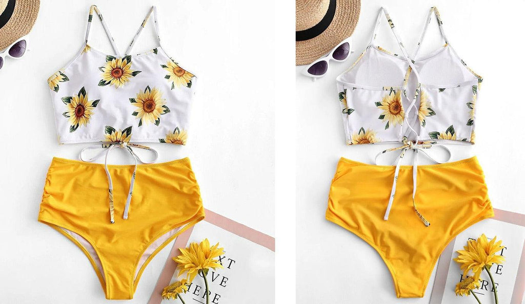 High Waist Bikini Sunflower Swimsuit Women Bikini Floral Swimsuit Floral Crop Tie Knot Front High Waist Bikini Set Two Piece Swimsuit For Women  Summer High Waisted Bathing Suit