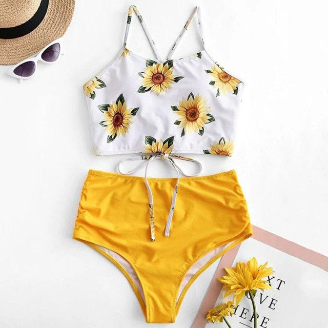 High Waist Bikini Sunflower Swimsuit Women Bikini Floral Swimsuit Floral Crop Tie Knot Front High Waist Bikini Set Two Piece Swimsuit For Women  Summer High Waisted Bathing Suit