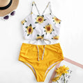 High Waist Bikini Sunflower Swimsuit Women Bikini Floral Swimsuit Floral Crop Tie Knot Front High Waist Bikini Set Two Piece Swimsuit For Women  Summer High Waisted Bathing Suit