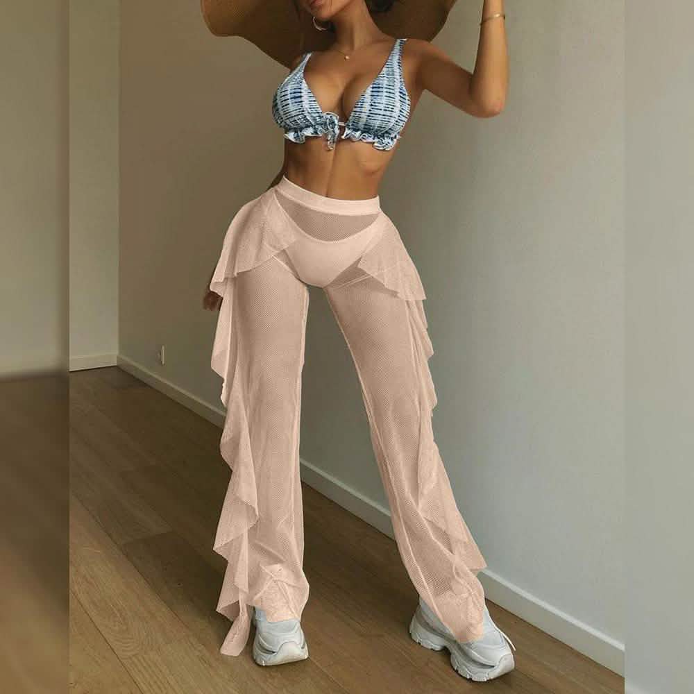 High Waist Sheer Mesh Ruffles Cover Up Pants