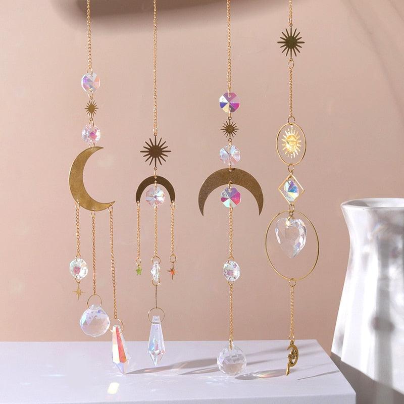 Home Decor Crystal Sun-catchers Window Pendant Hanging Curtain Wind-chimes Light Catcher Star Moon Pendant Rainbow Wind Chime Prisms Wind Chime Hanging Ornaments For Garden Home Christmas Decorations Gift