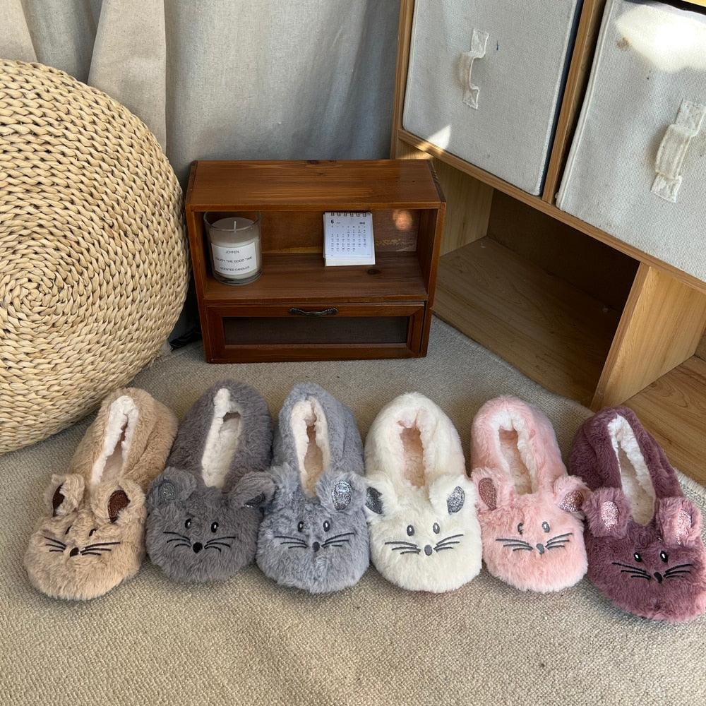 House Slipper Women Winter Non Skid Indoor Fur Cotton Warm Plush Home Fluffy Mouse Ears Memory Foam House Slippers Cozy Cute Animal Home Slipper For Women
