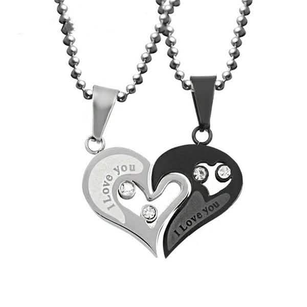 I Love You for Couple Iron Chain Black Heart Love Necklace