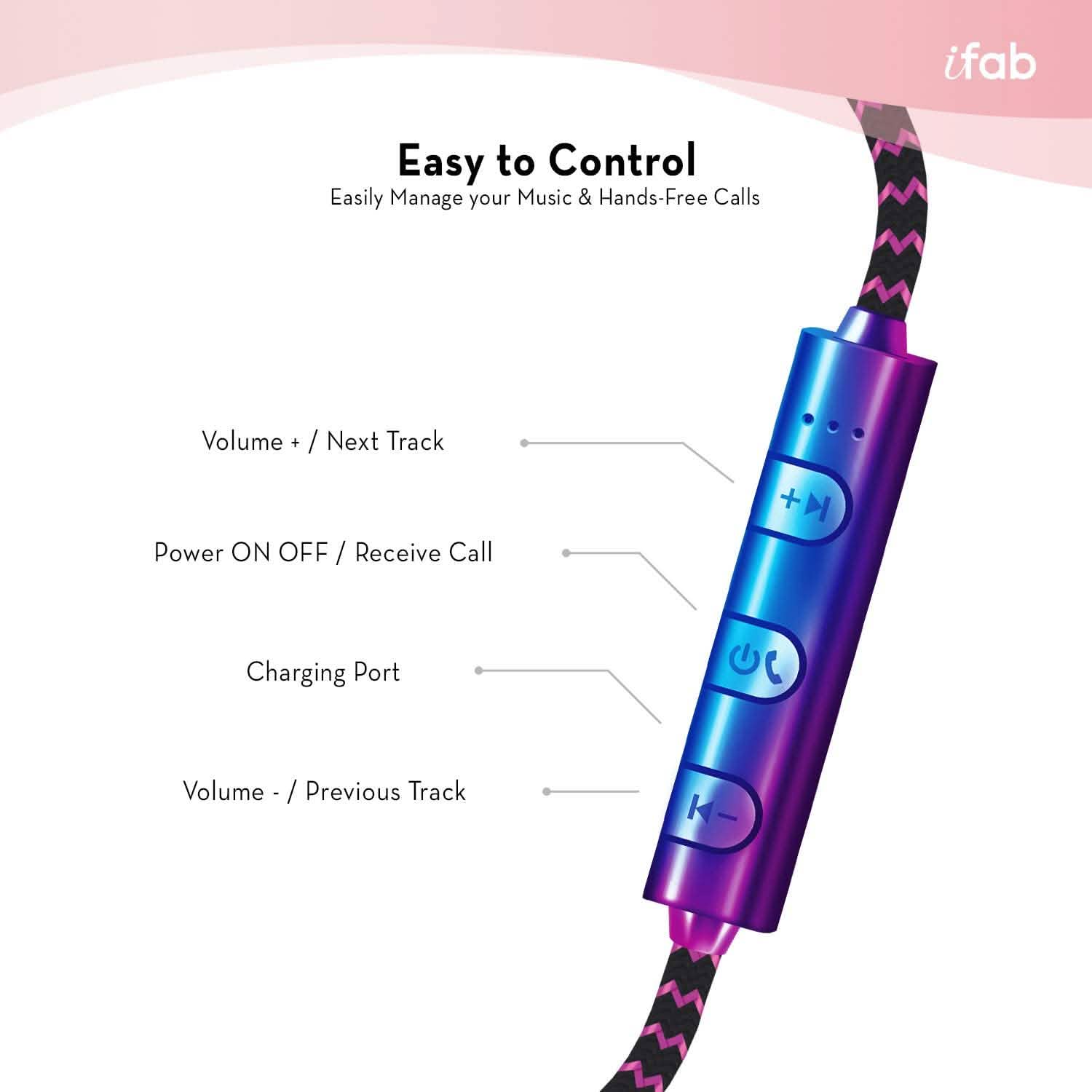 iFab Wireless Neckband Earbuds with Microphone and Control Buttons