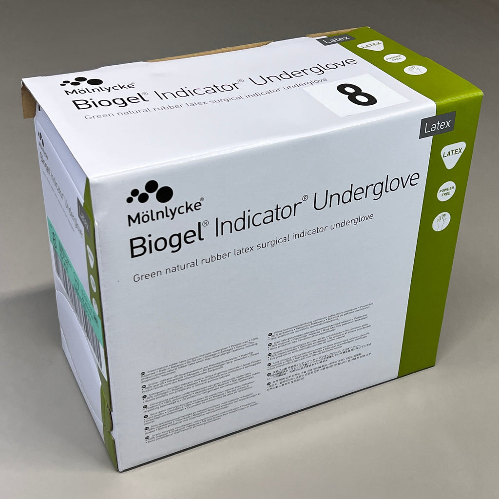 MOLNLYCKE Biogel Latex Surgical Indicator Underglove SZ 8 Green 50 Pairs 31280 (New)