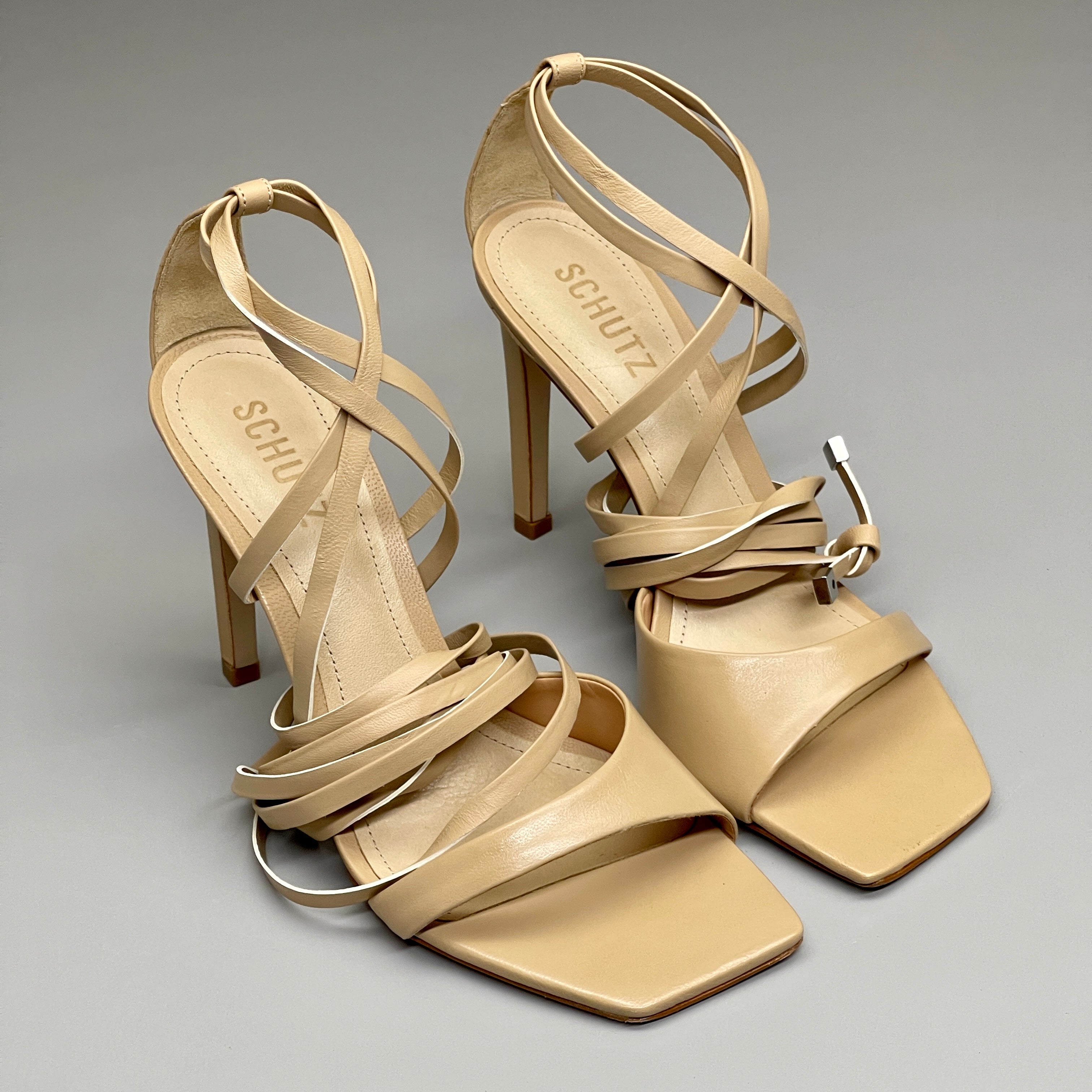 SCHUTZ Bryce Ankle Tie Women's Leather High Heel Sandal Light Nude Sz 5B (New)