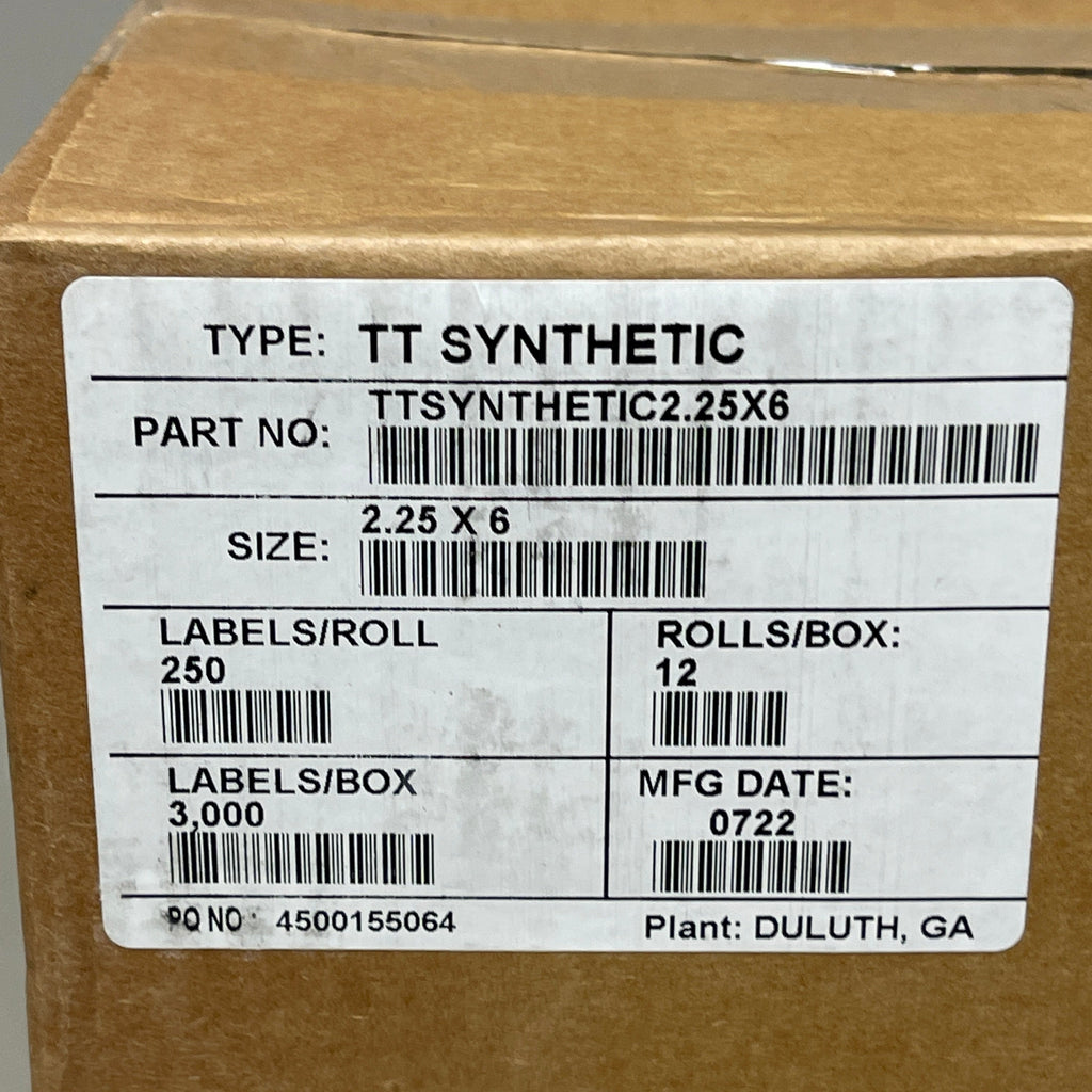 VASNA TT (12 PACK) Synthetic Thermal Transfer labels 250 /roll 2.25" x 6"
