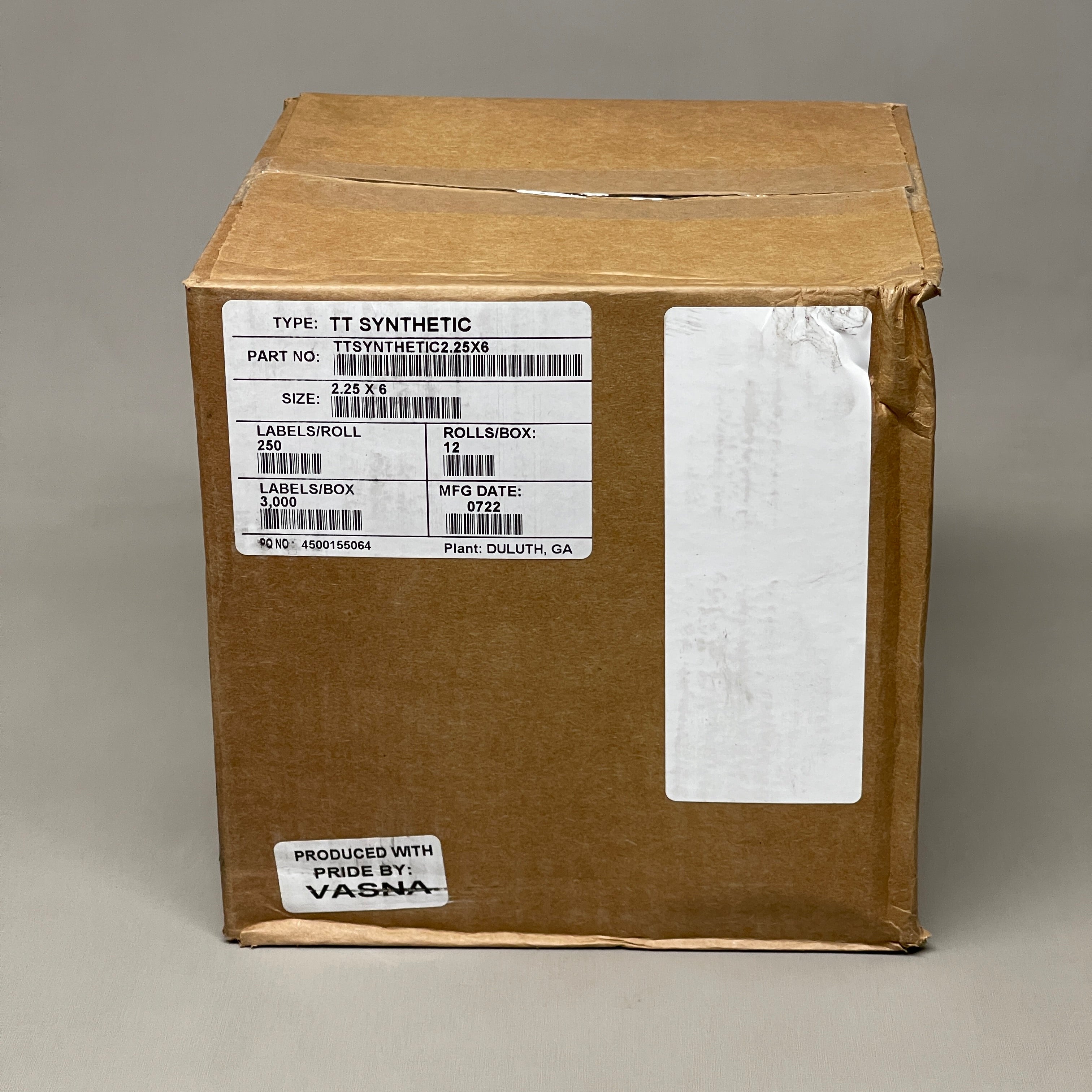 VASNA TT (12 PACK) Synthetic Thermal Transfer labels 250 /roll 2.25" x 6"