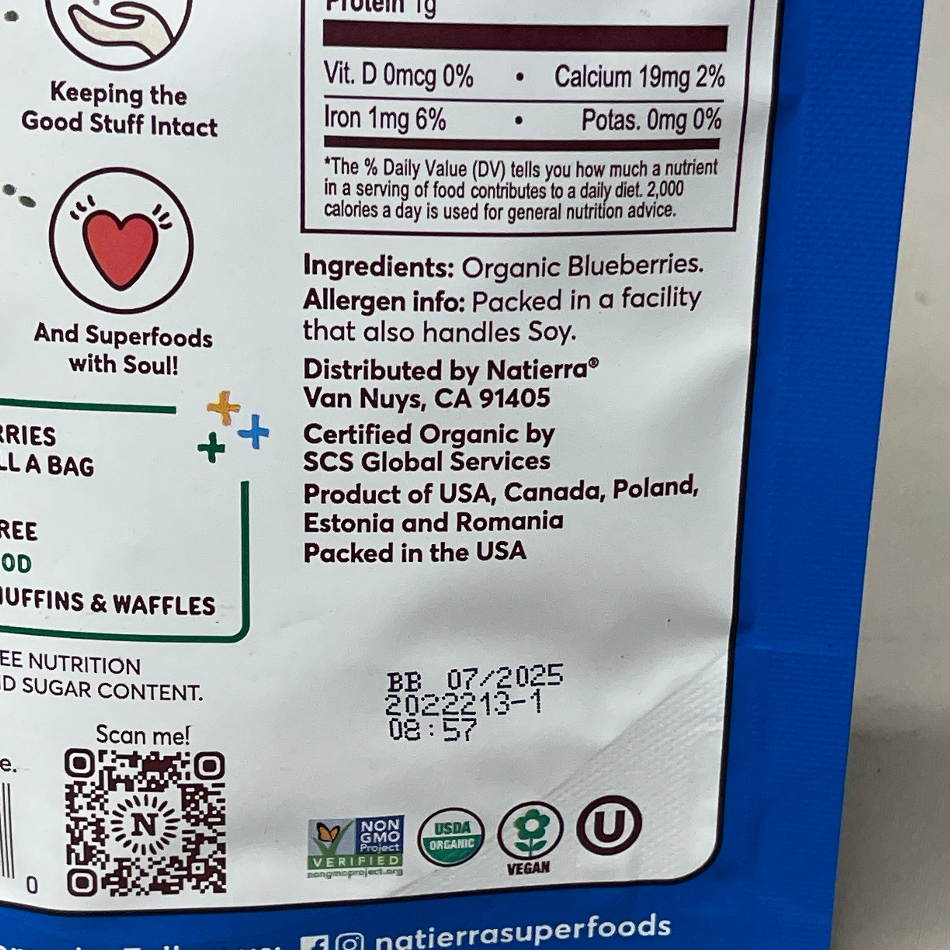 NATIERRA Nature & Earth Freeze-Dried Organic Blueberries 1.2oz -3 packs (New)