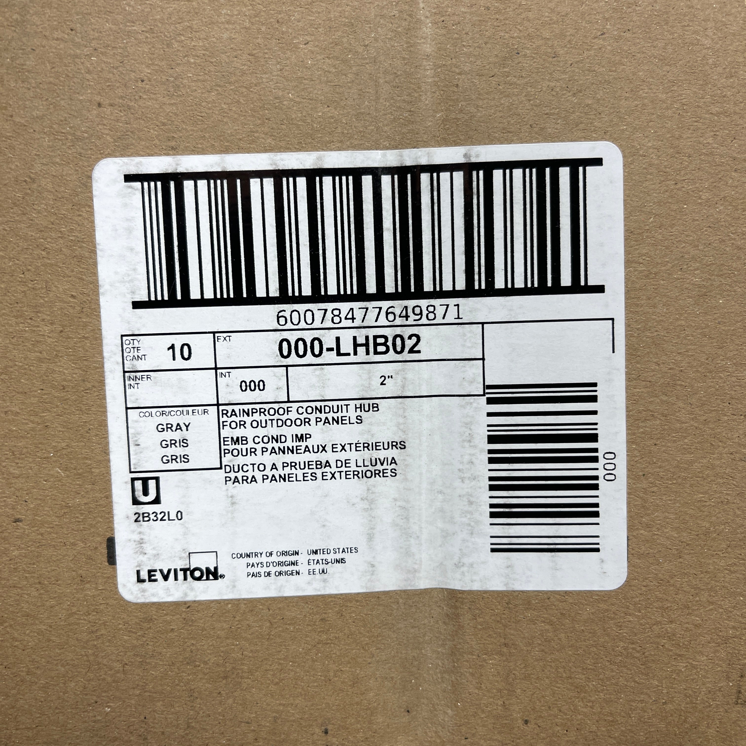 LEVITON Rainproof 2" Conduit Hub for Outdoor Panels 000-LHB02 (New)