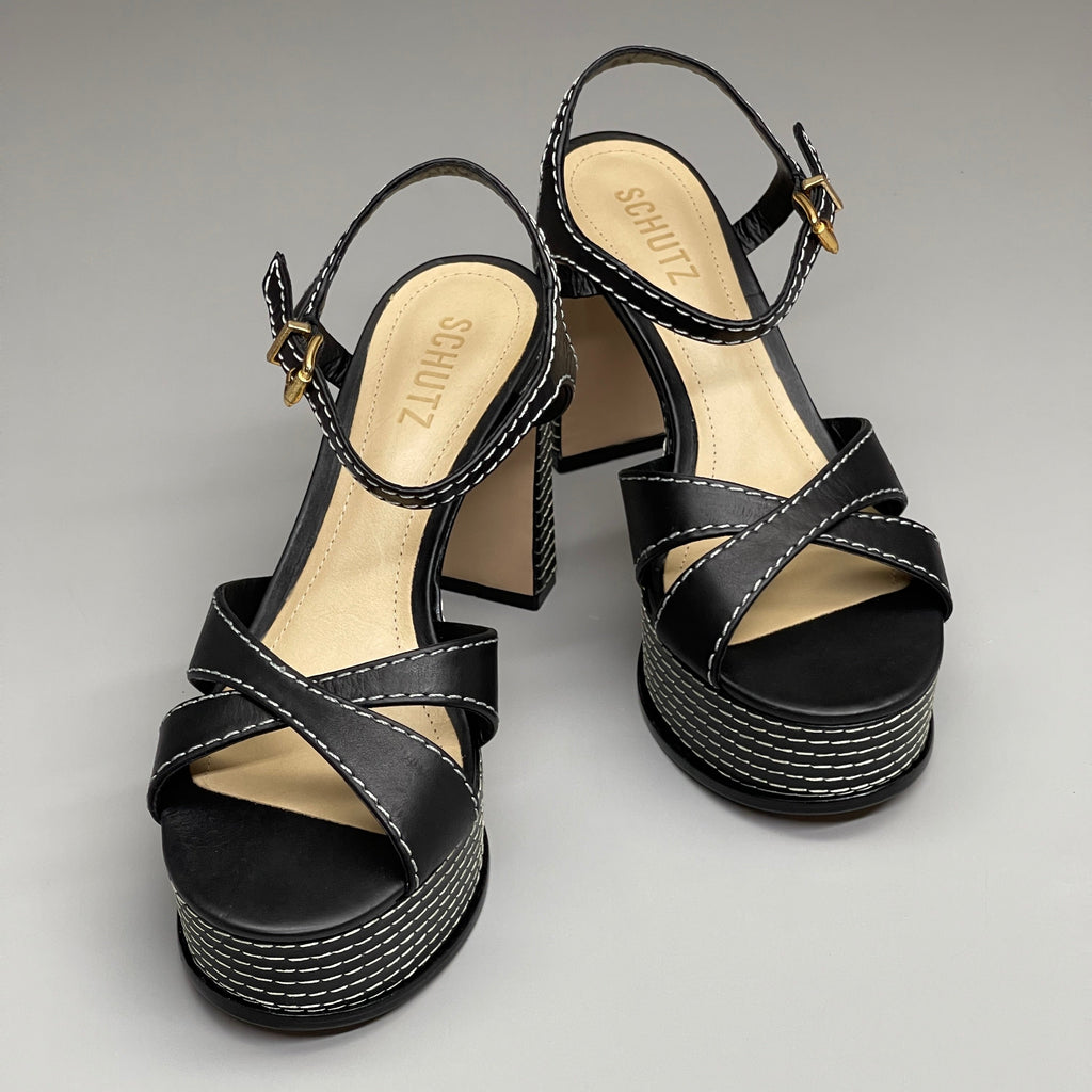 SCHUTZ Keefa Casual Women's Leather Sandal Black Platform 4" Heel Shoes Sz 6B (New)