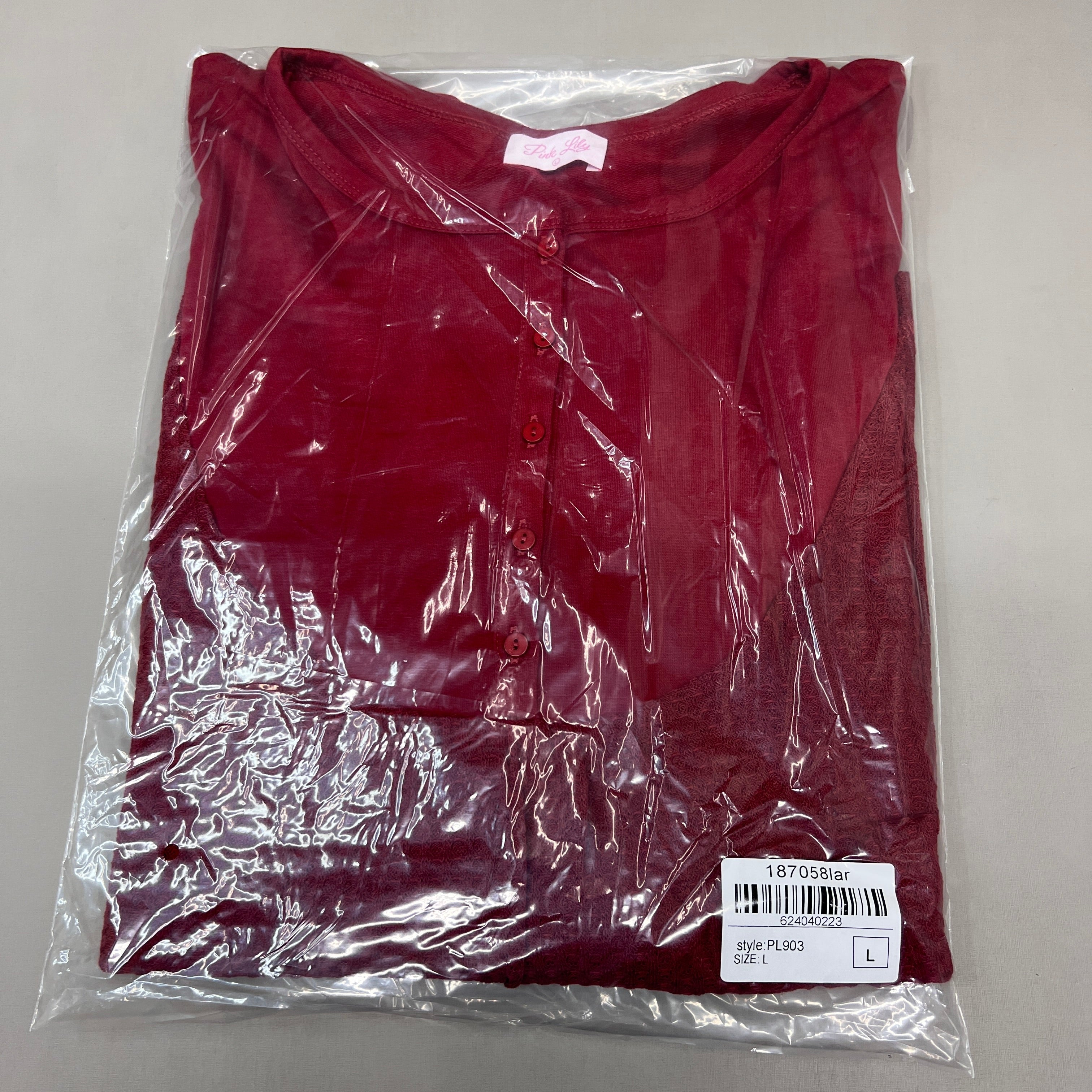 PINK LILY Take the Leap Henley Waffle Knit Blouse Women's Sz L Cranberry PL903 (New)