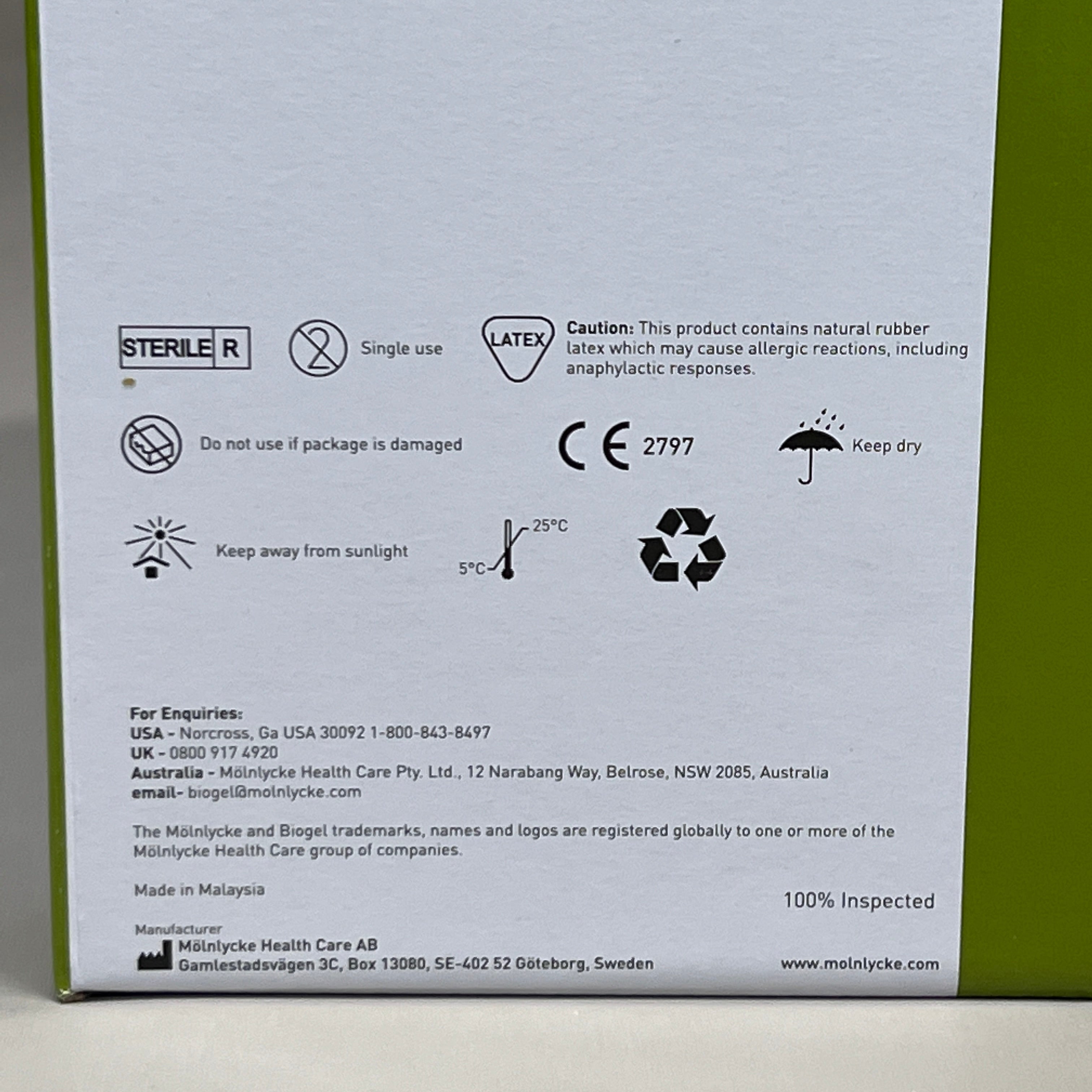 MOLNLYCKE Biogel Latex Surgical Indicator Underglove SZ 8 Green 50 Pairs 31280 (New)