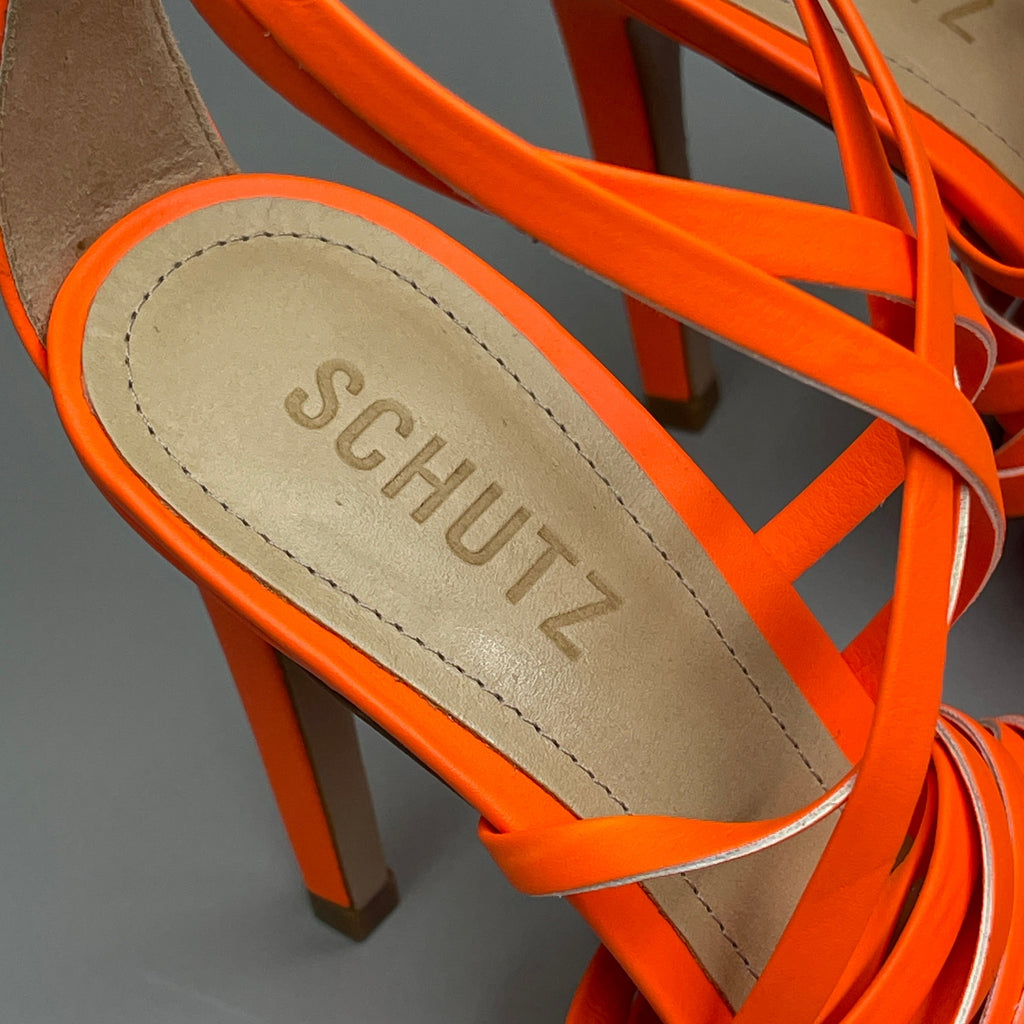 SCHUTZ Bryce Ankle Tie Women's High Heel Leather Strappy Sandal Acid Orange Sz 8 (New)