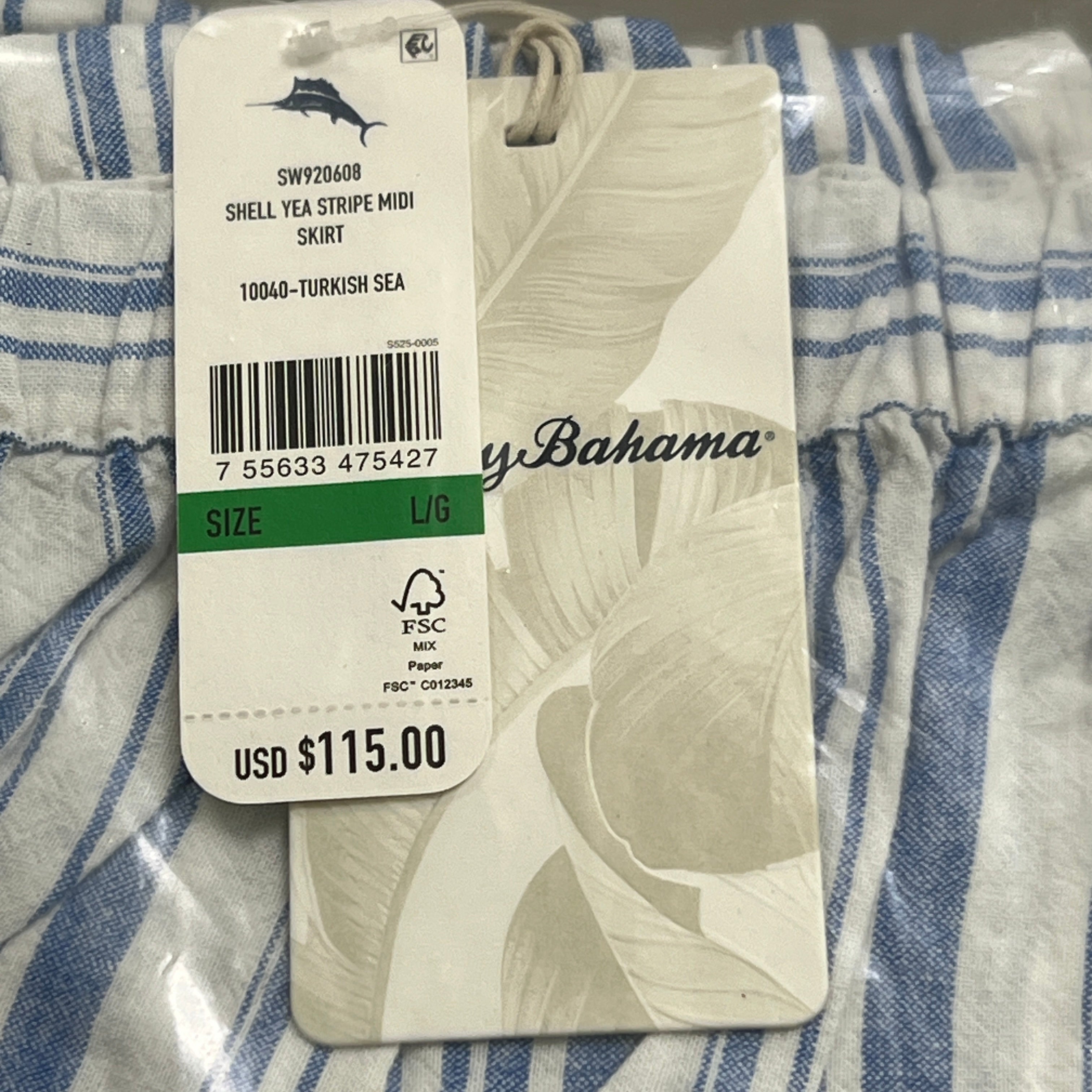 TOMMY BAHAMA Women's Shell Yea Stripe Midi Skirt Turkish Sea Size L (New)