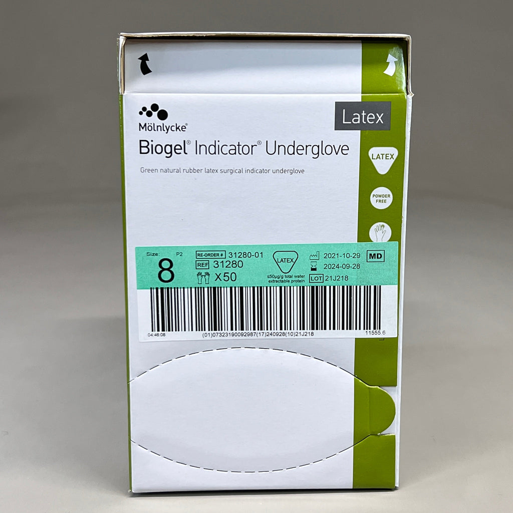 MOLNLYCKE Biogel Latex Surgical Indicator Underglove SZ 8 Green 50 Pairs 31280 (New)
