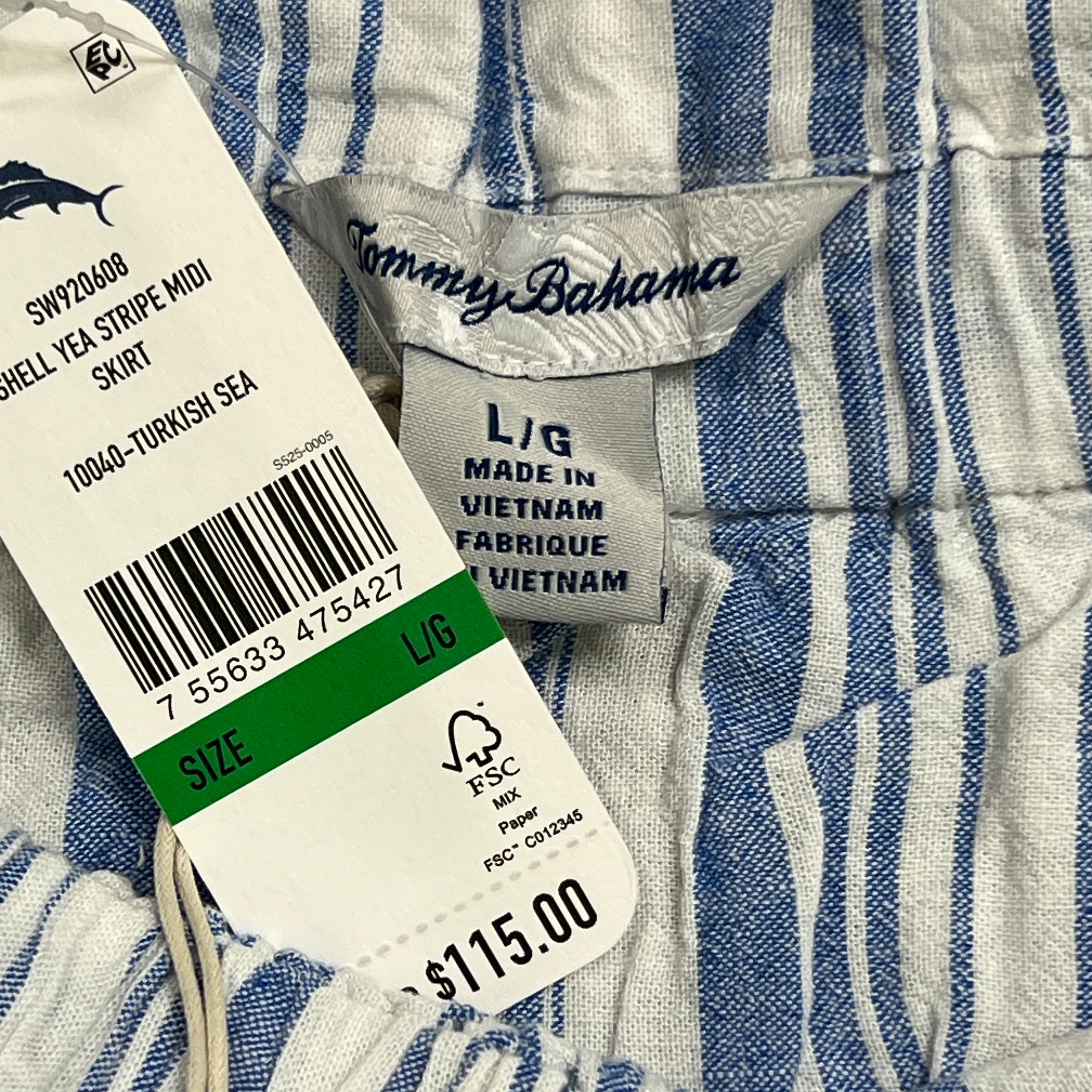 TOMMY BAHAMA Women's Shell Yea Stripe Midi Skirt Turkish Sea Size L (New)