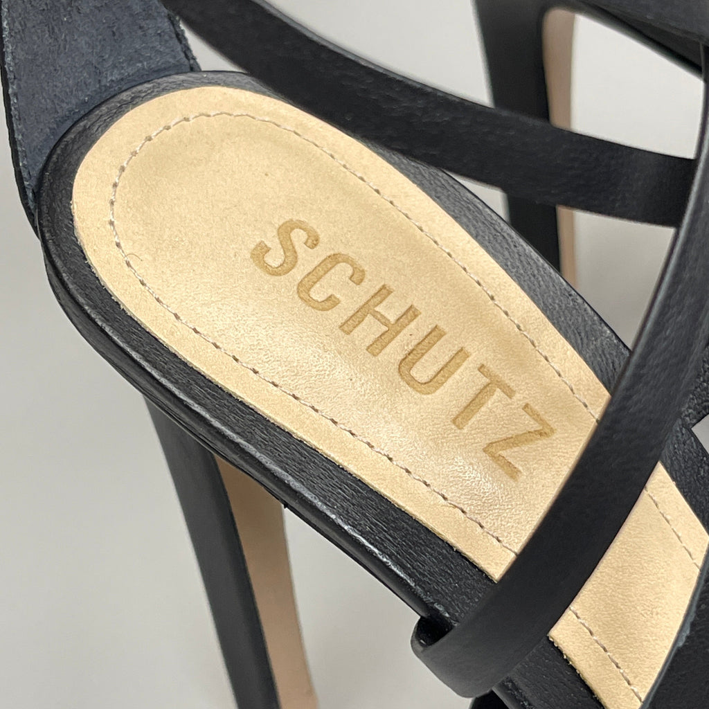 SCHUTZ Bryce Ankle Tie Women's Leather High Heel Strappy Sandal Black Sz 10B (New)