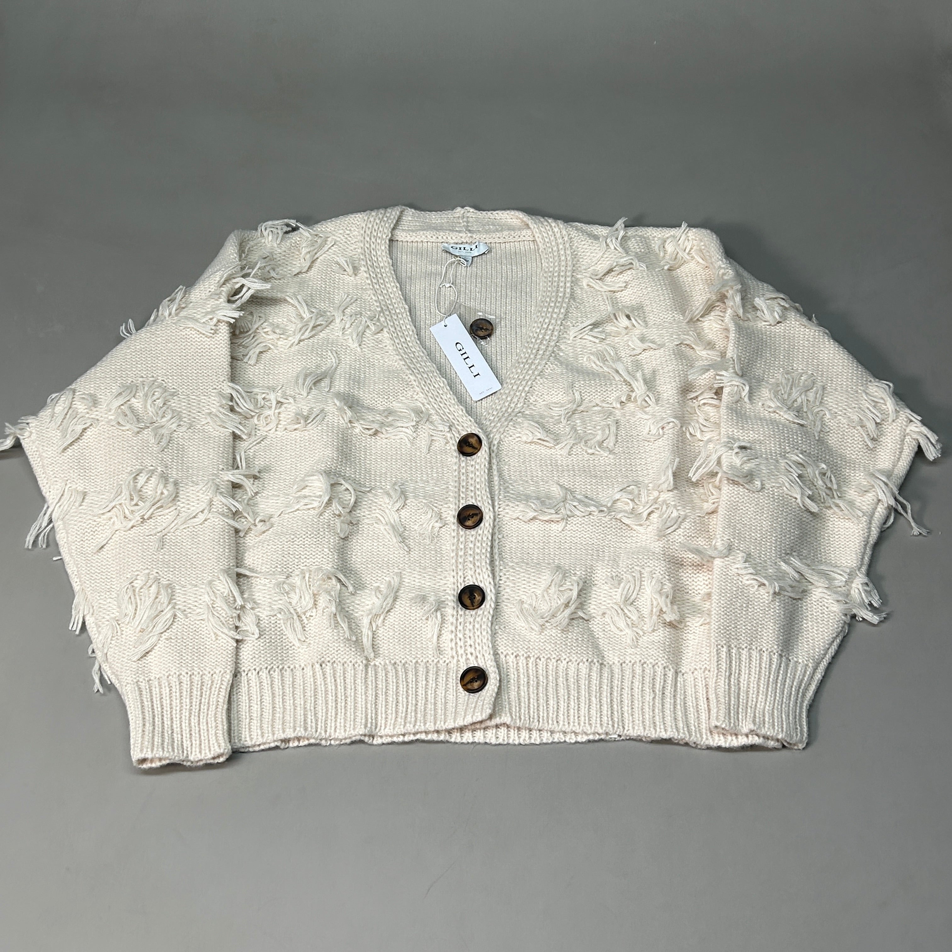 GILLI Fringed Button Up Cardigan Cream Size Large (New)