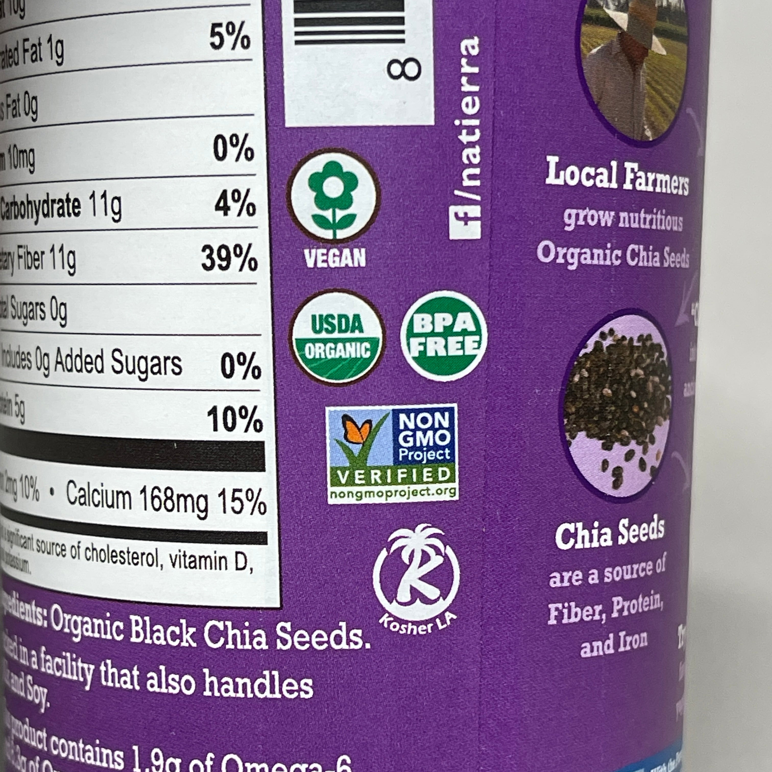 ZA@ NATIERRA Nature & Earth Organic Black Chia Seeds 7 oz Shaker BB 08/25