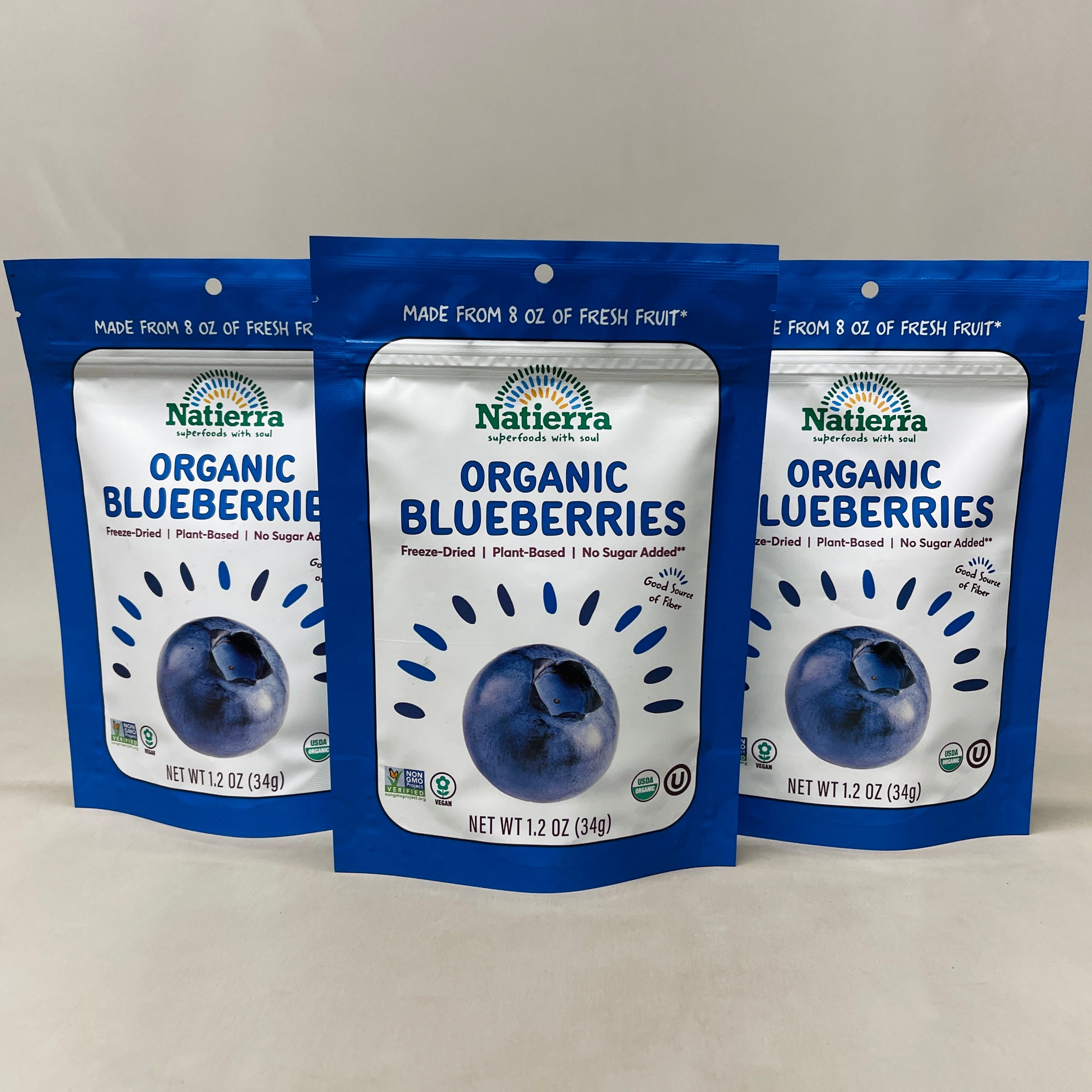 NATIERRA Nature & Earth Freeze-Dried Organic Blueberries 1.2oz -3 packs (New)
