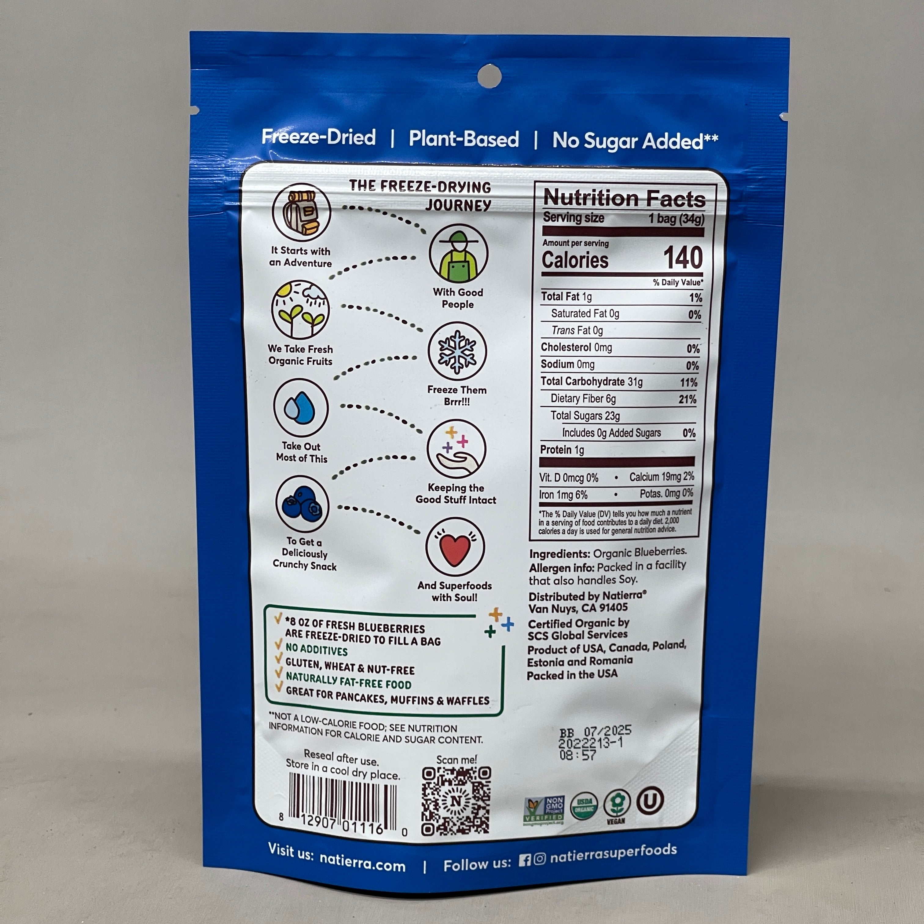 NATIERRA Nature & Earth Freeze-Dried Organic Blueberries 1.2oz -3 packs (New)