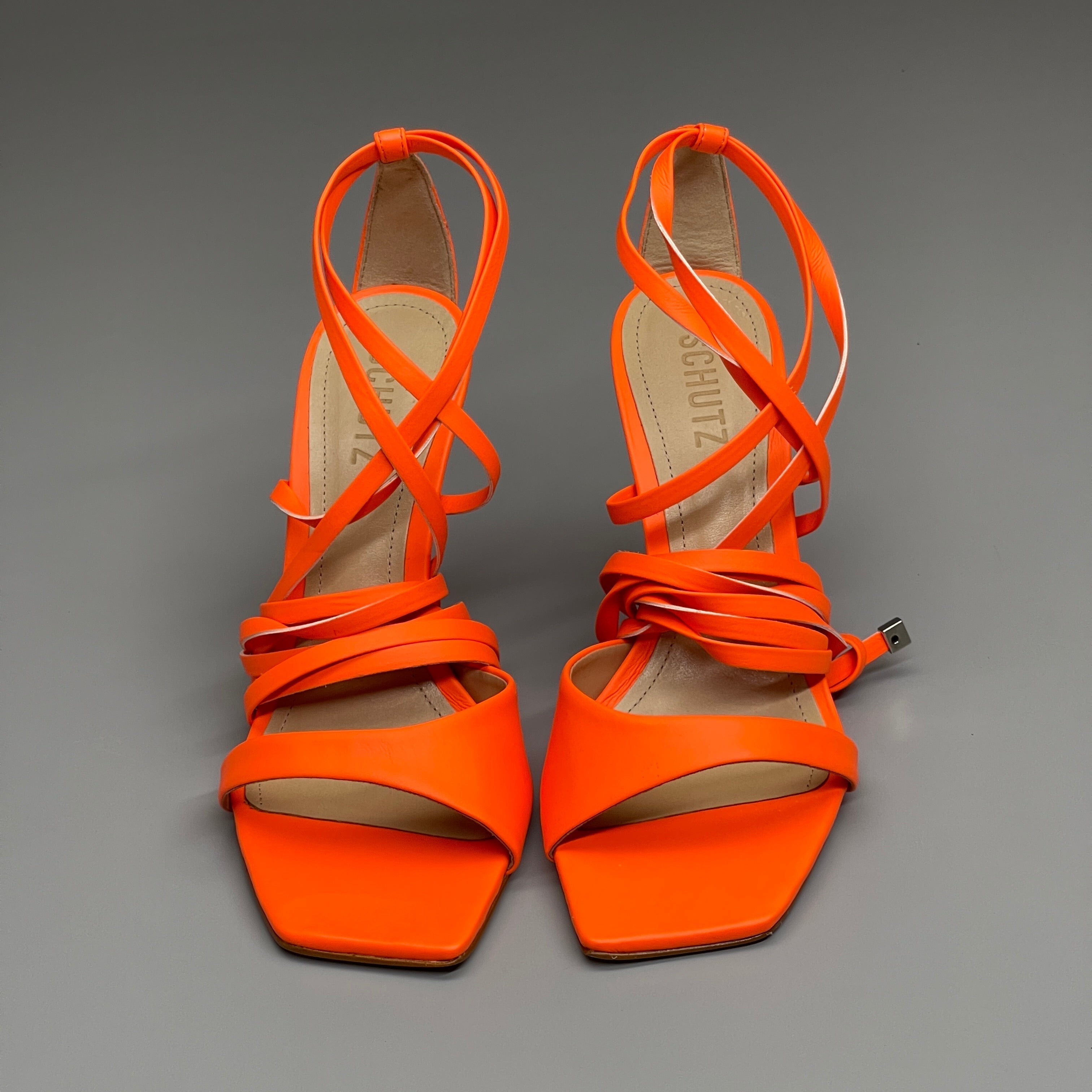 SCHUTZ Bryce Ankle Tie Women's High Heel Leather Strappy Sandal Acid Orange Sz 7.5 (New)