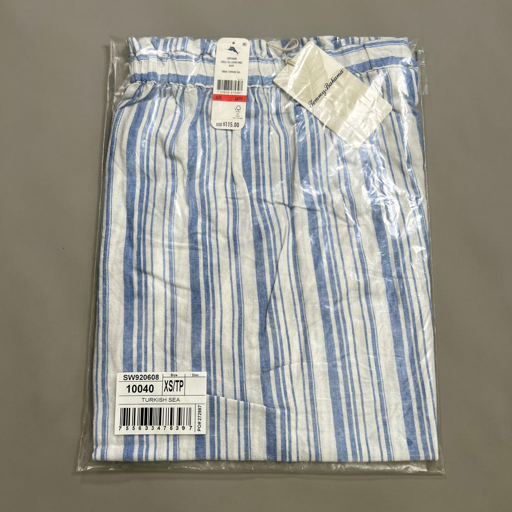 TOMMY BAHAMA Women's Shell Yea Stripe Midi Skirt Turkish Sea Size XS (New)