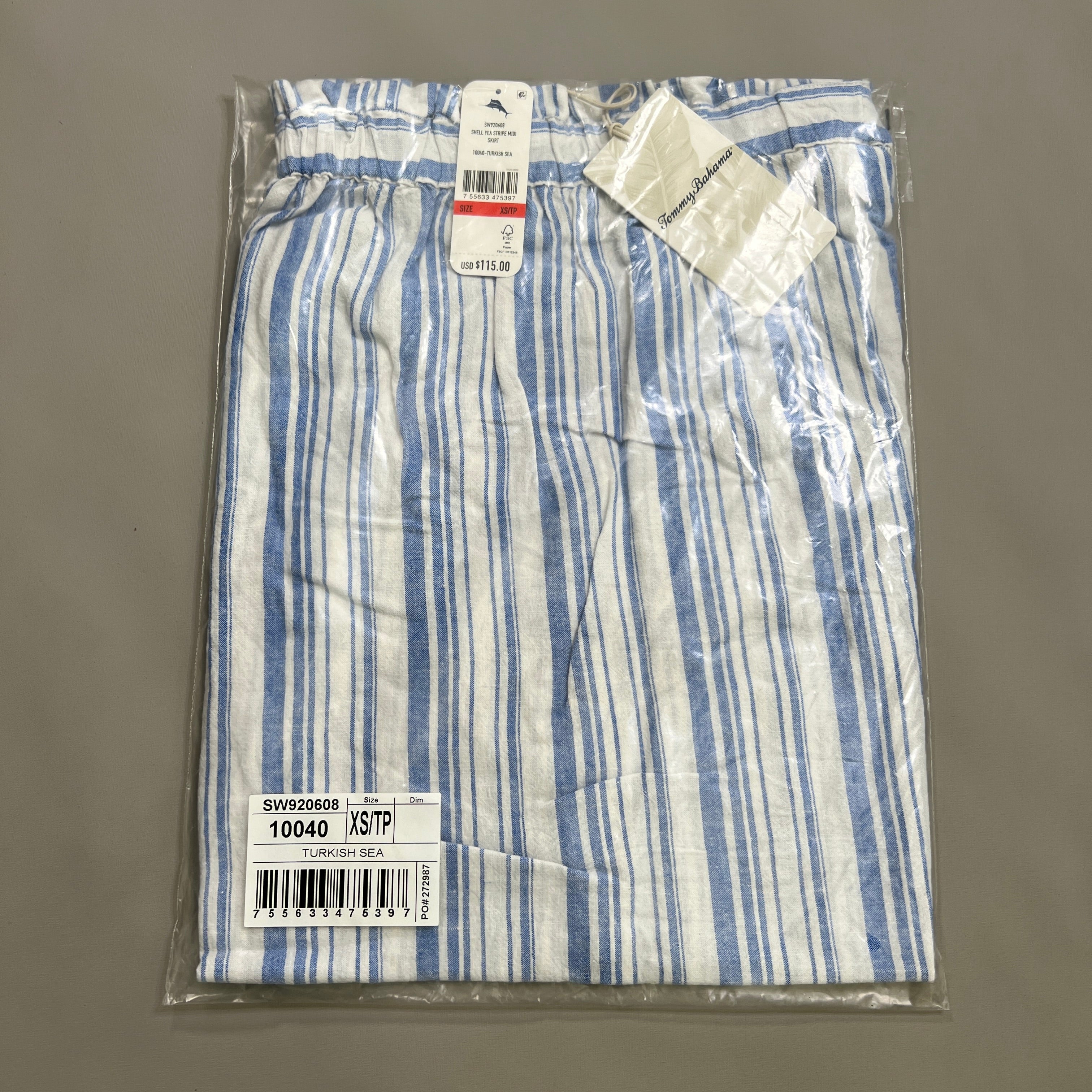 TOMMY BAHAMA Women's Shell Yea Stripe Midi Skirt Turkish Sea Size XS (New)