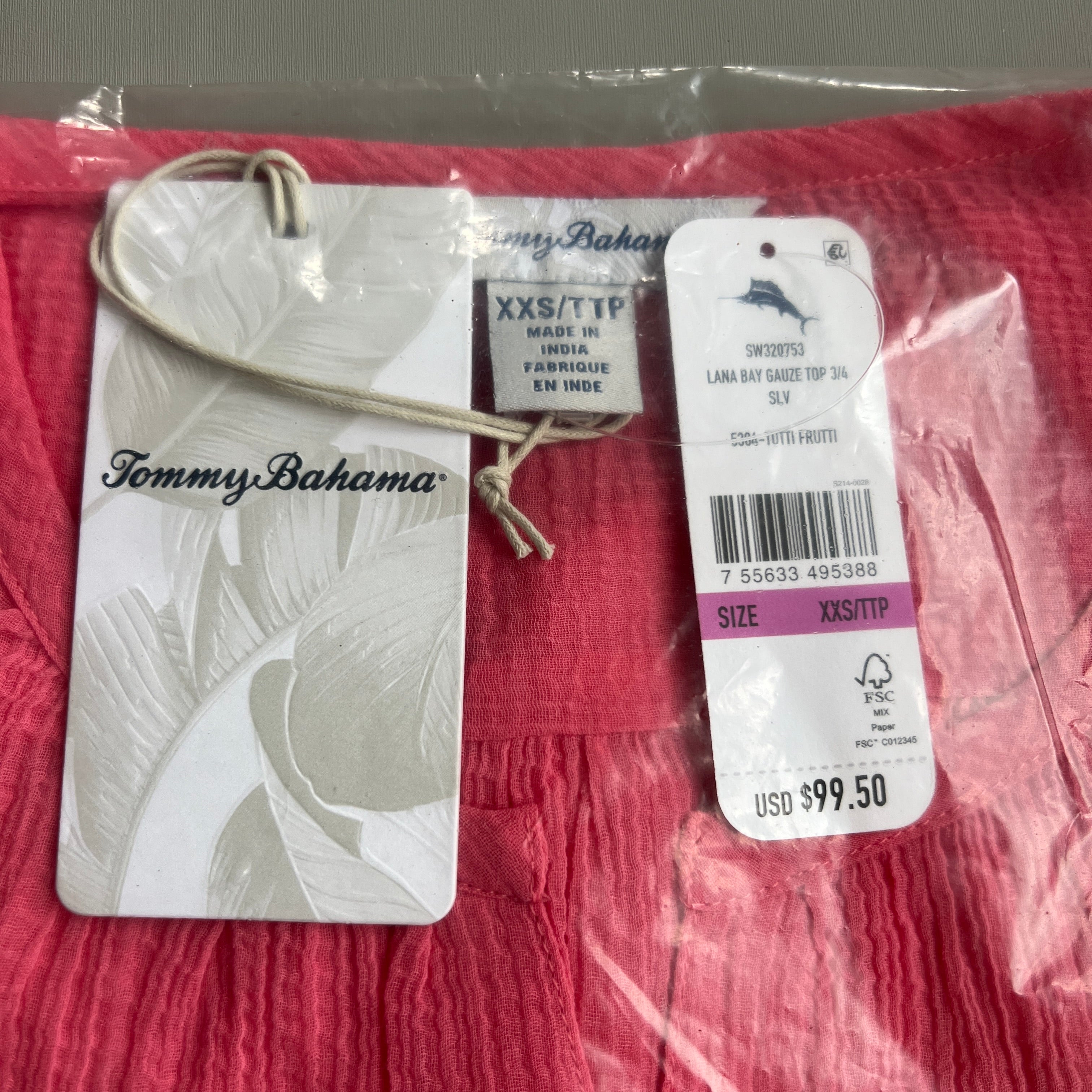 TOMMY BAHAMA Women's Lana Bay Gauze Top 3/4 Sleeve Tutti Frutti Size XXS (New)