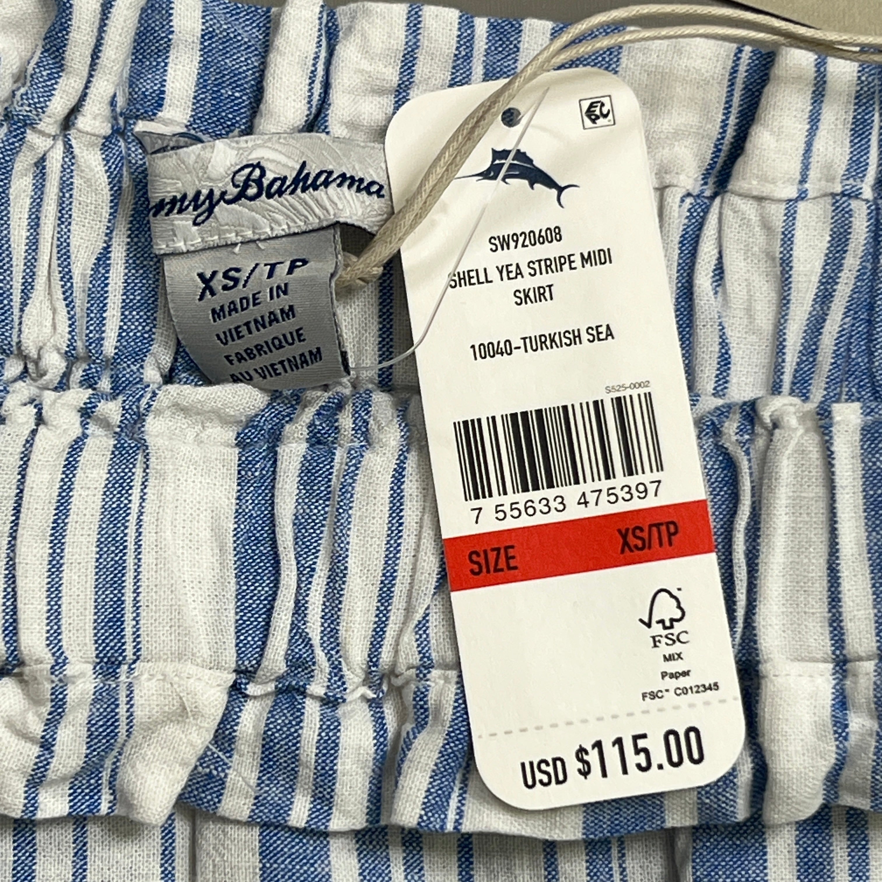 TOMMY BAHAMA Women's Shell Yea Stripe Midi Skirt Turkish Sea Size XS (New)