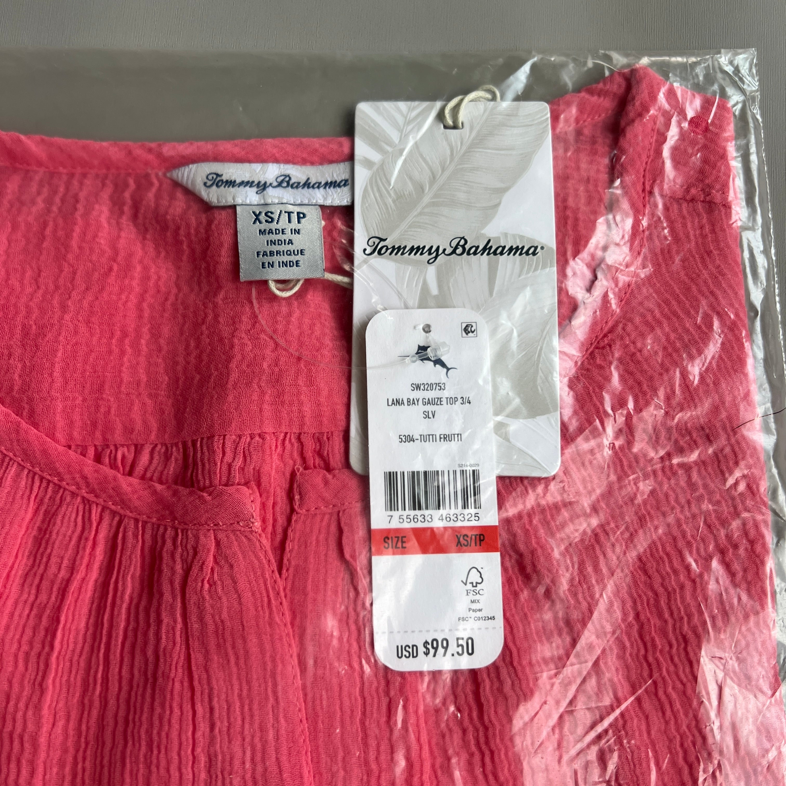 TOMMY BAHAMA Women's Lana Bay Gauze Top 3/4 Sleeve Tutti Frutti Size XS (New)