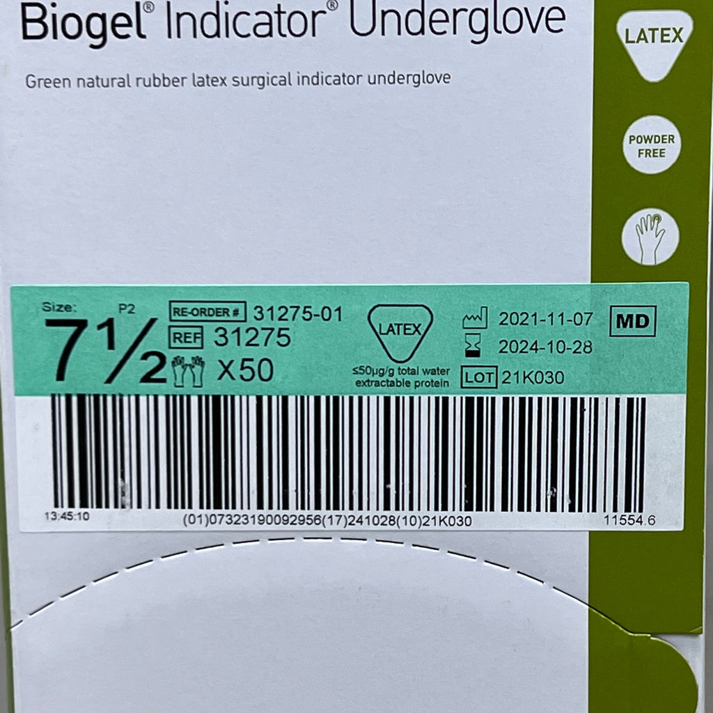 MOLNLYCKE Biogel Latex Surgical Indicator Underglove SZ 7.5 Green 50 Pairs 31275 (New)