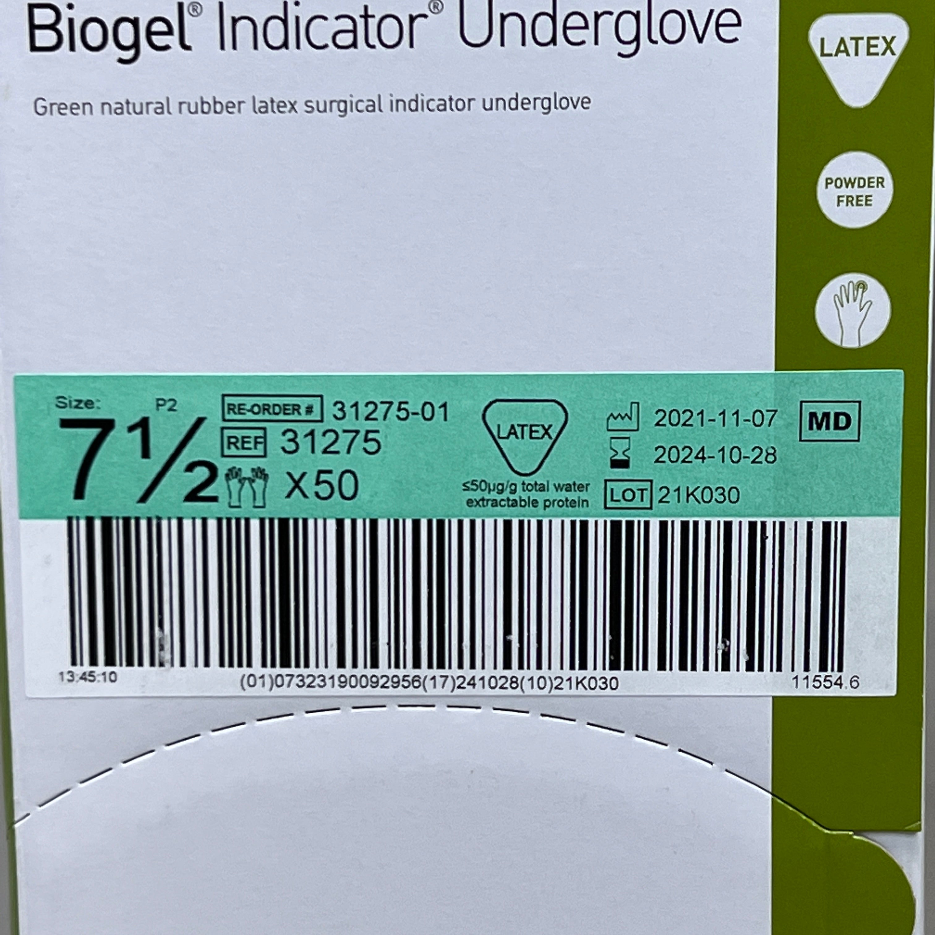 MOLNLYCKE Biogel Latex Surgical Indicator Underglove SZ 7.5 Green 50 Pairs 31275 (New)