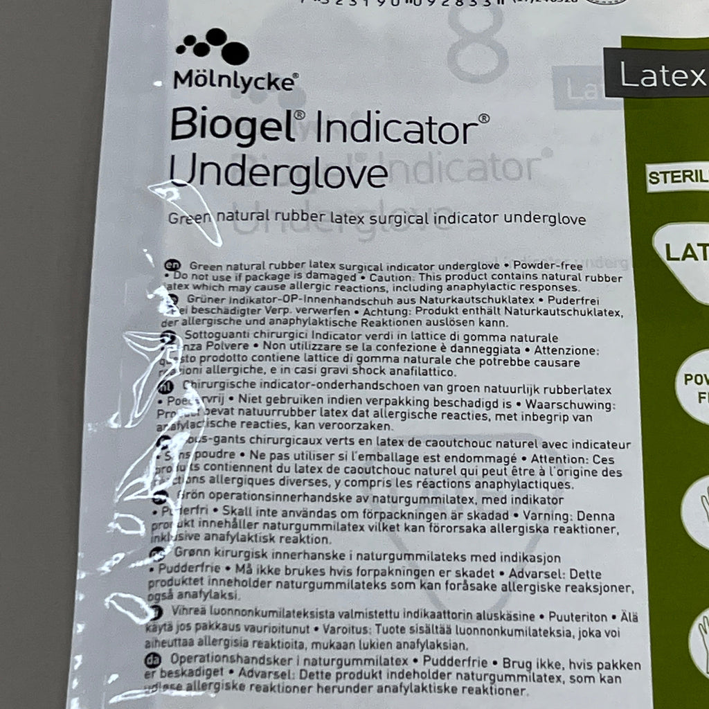 MOLNLYCKE Biogel Latex Surgical Indicator Underglove SZ 8 Green 50 Pairs 31280 (New)