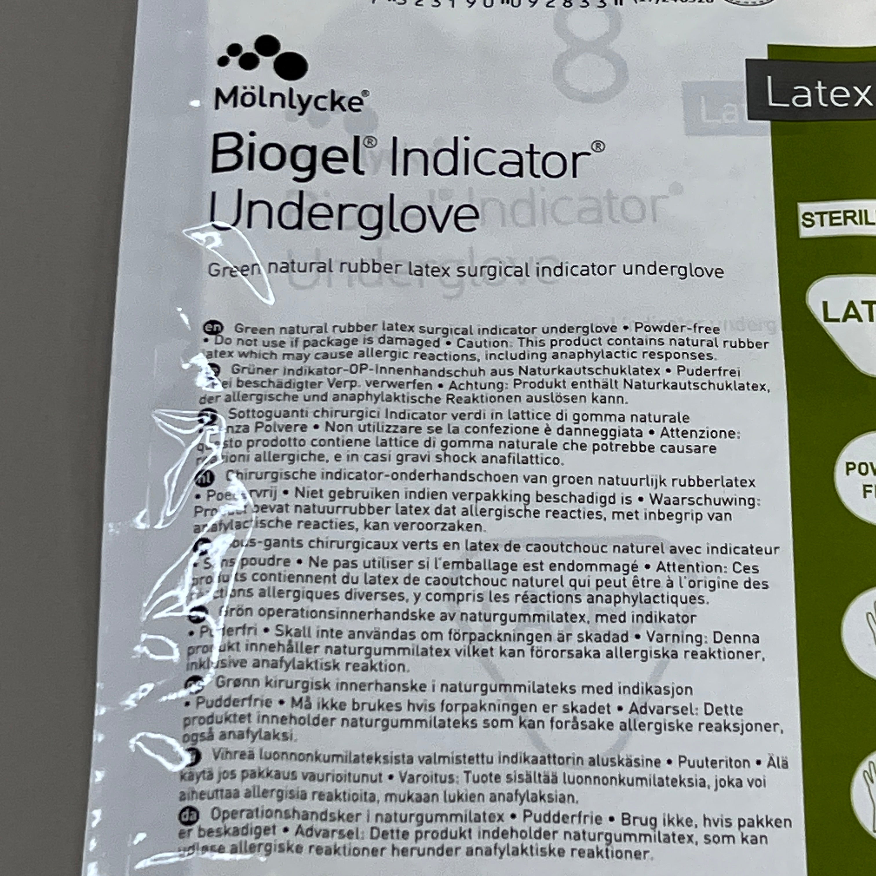 MOLNLYCKE Biogel Latex Surgical Indicator Underglove SZ 8 Green 50 Pairs 31280 (New)