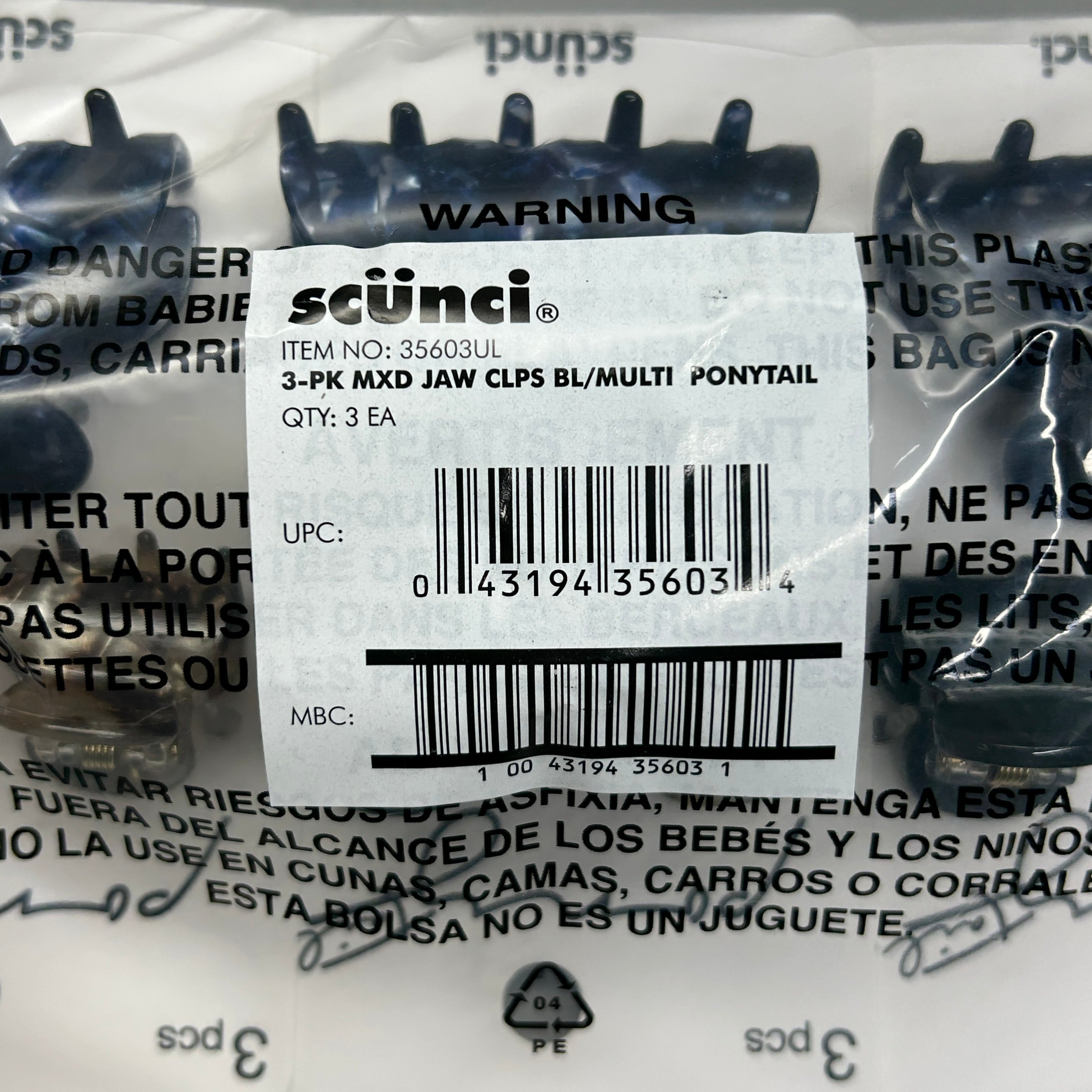 SCUNCI 3-PACK! Mixed Jaw Clips Multicolor 3-Pieces (New)