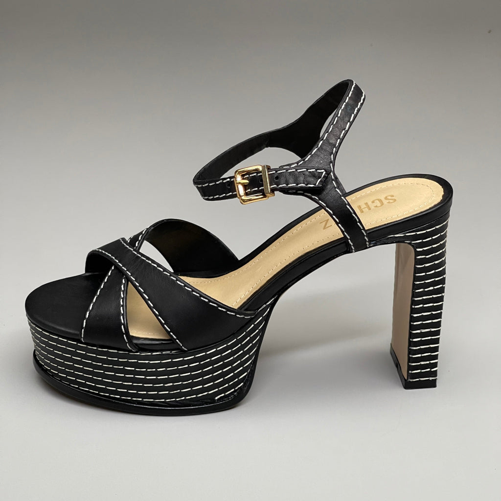 SCHUTZ Keefa Casual Women's Leather Sandal Black Platform 4" Heel Shoes Sz 6B (New)