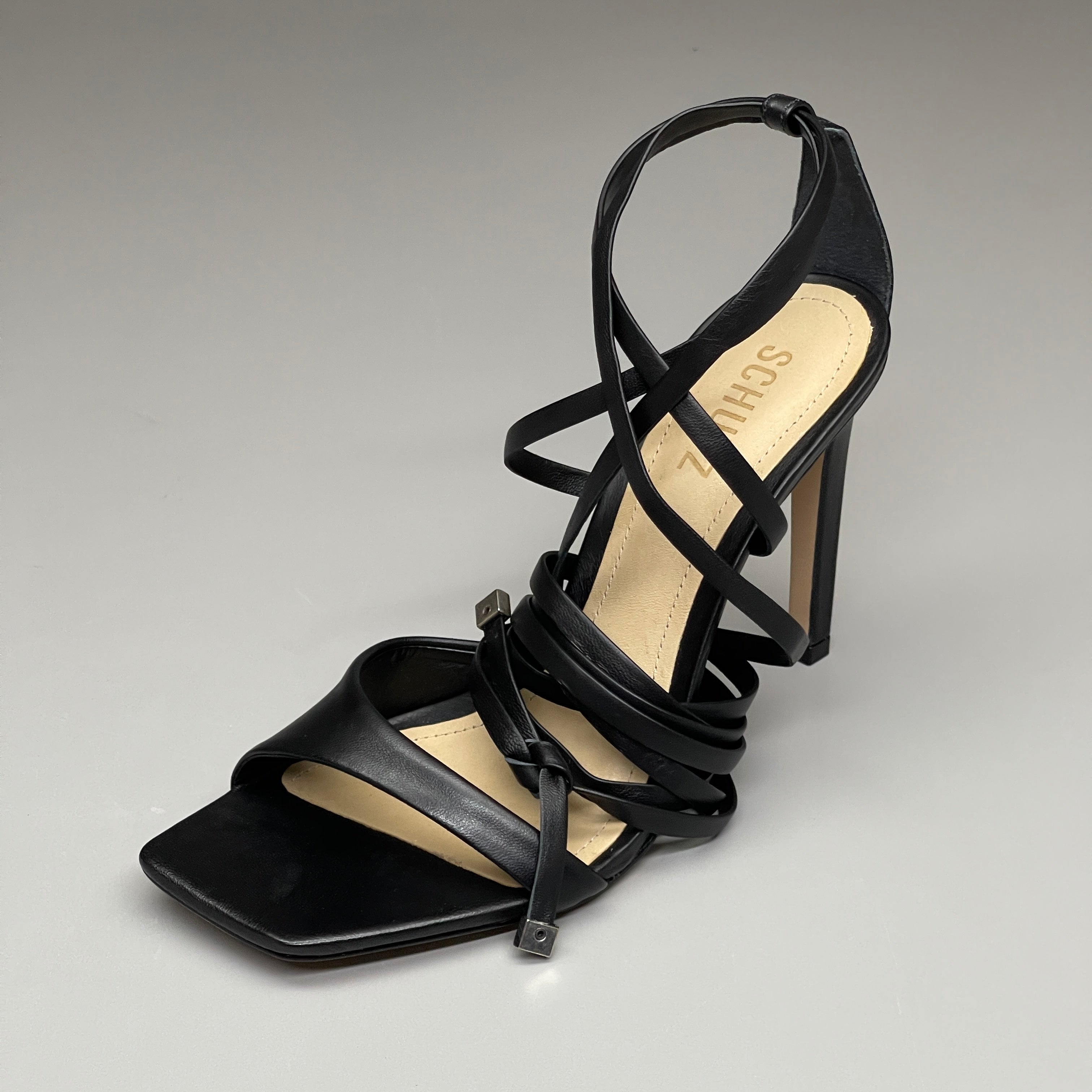 SCHUTZ Bryce Ankle Tie Women's Leather High Heel Strappy Sandal Black Sz 8B (New)