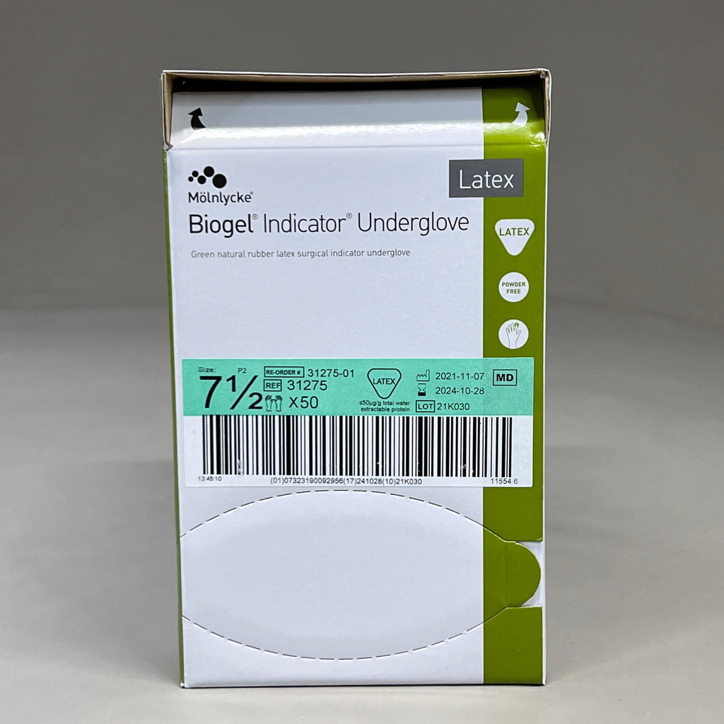 MOLNLYCKE Biogel Latex Surgical Indicator Underglove SZ 7.5 Green 50 Pairs 31275 (New)