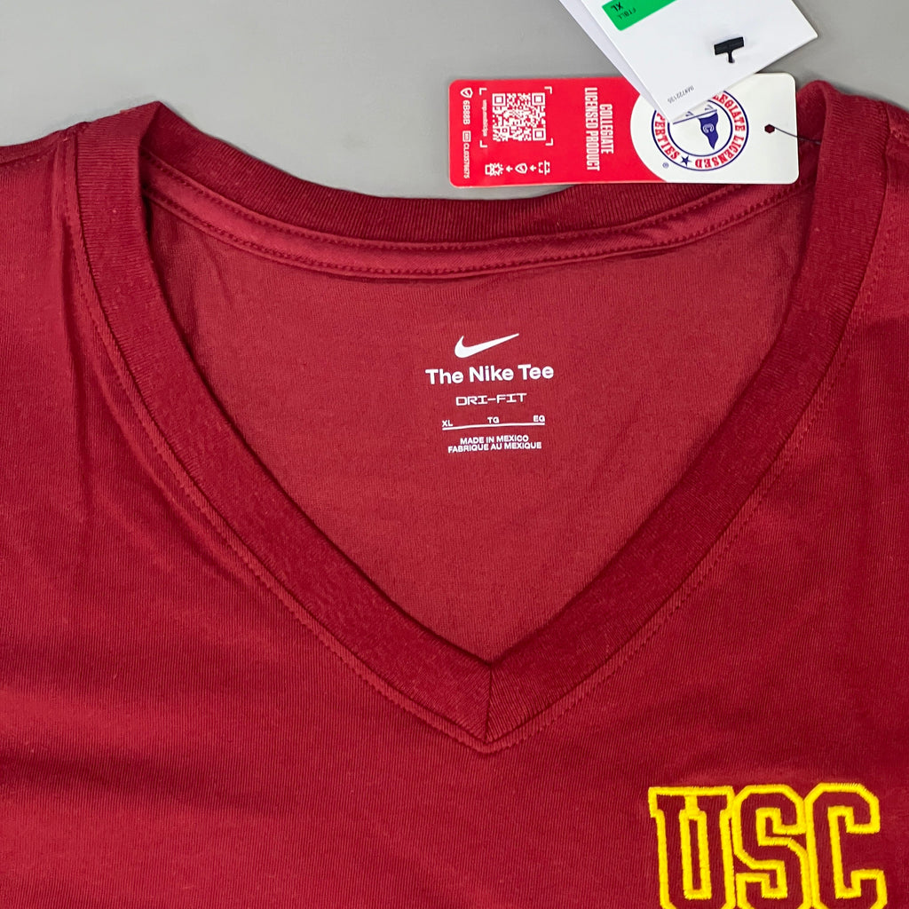 NIKE USC Trojans Logo Dri-Fit V-Neck T-Shirt Women's Sz XL Cardinal Red DQ1708-613 (New)
