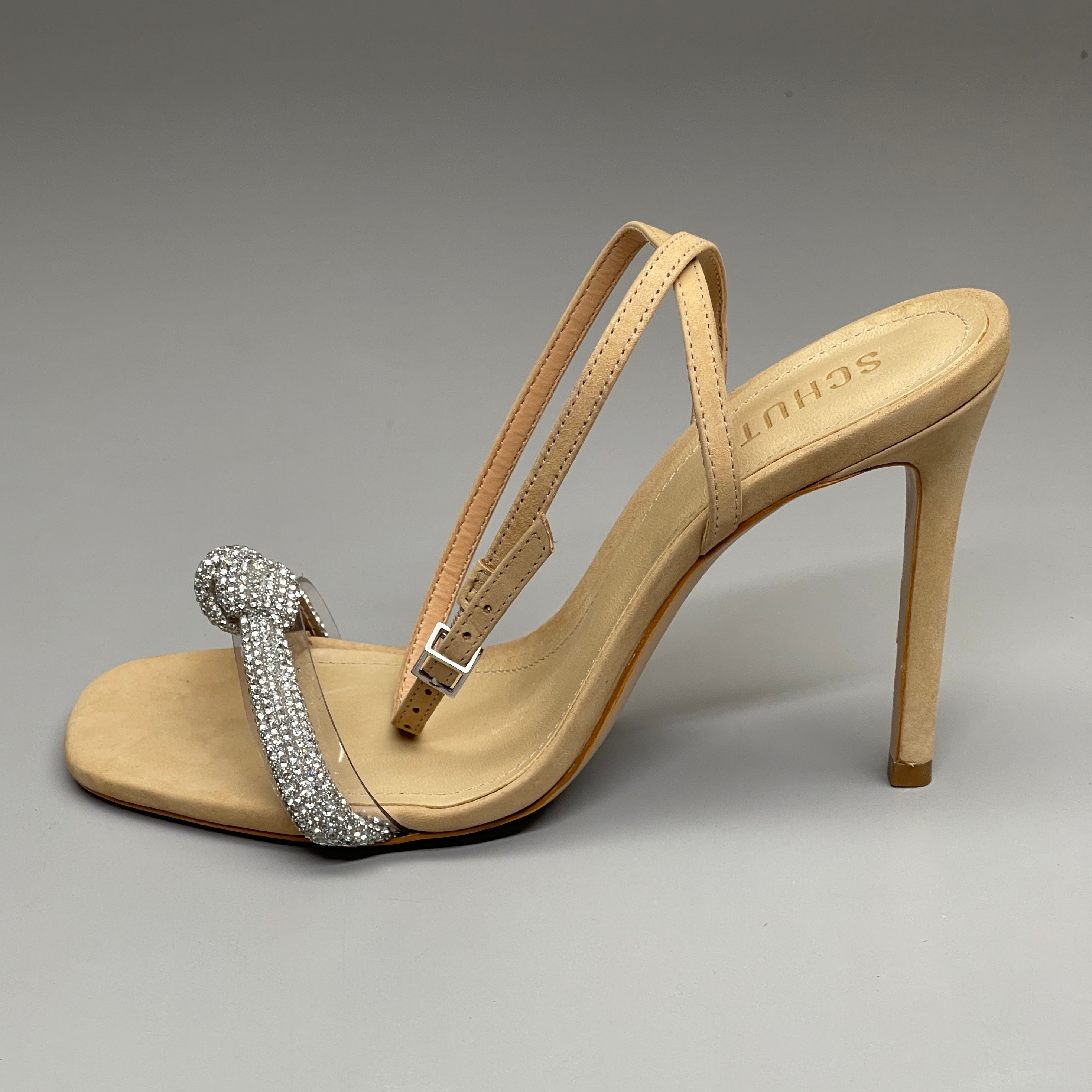 SCHUTZ Peaky Nubuck & Vinyl Multimaterial Women's Sandal Heel Light Nude Sz 6B (New)