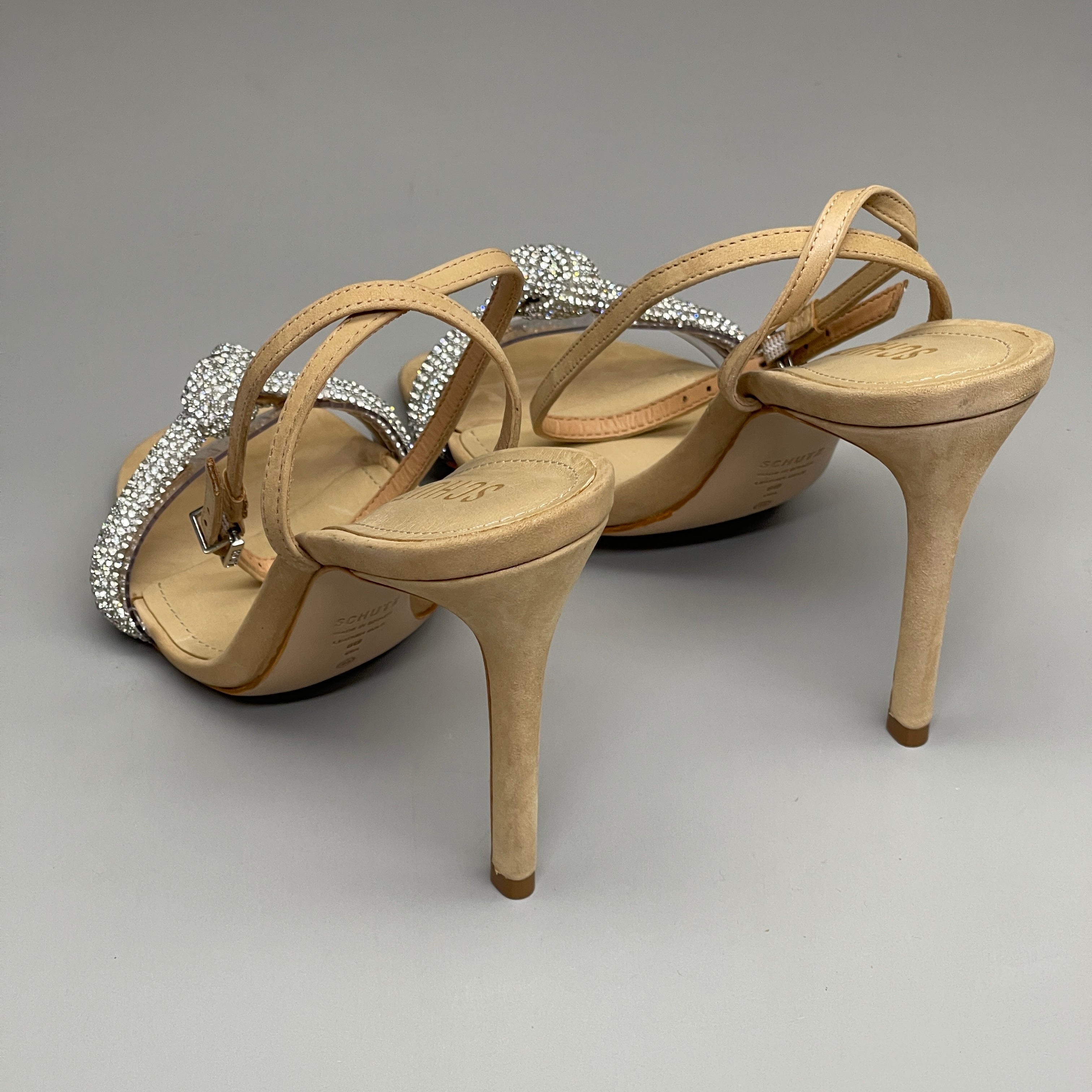 SCHUTZ Peaky Nubuck & Vinyl Multimaterial Women's Sandal Heel Light Nude Sz 7B (New)