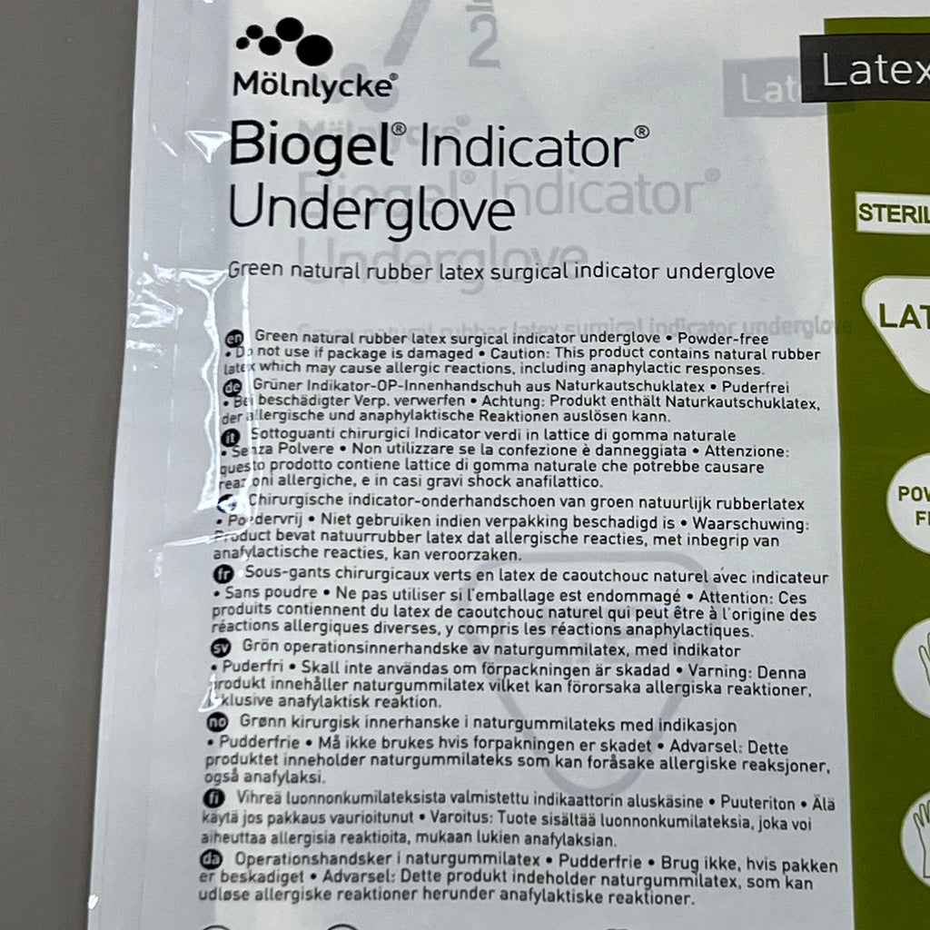 MOLNLYCKE Biogel Latex Surgical Indicator Underglove SZ 7.5 Green 50 Pairs 31275 (New)