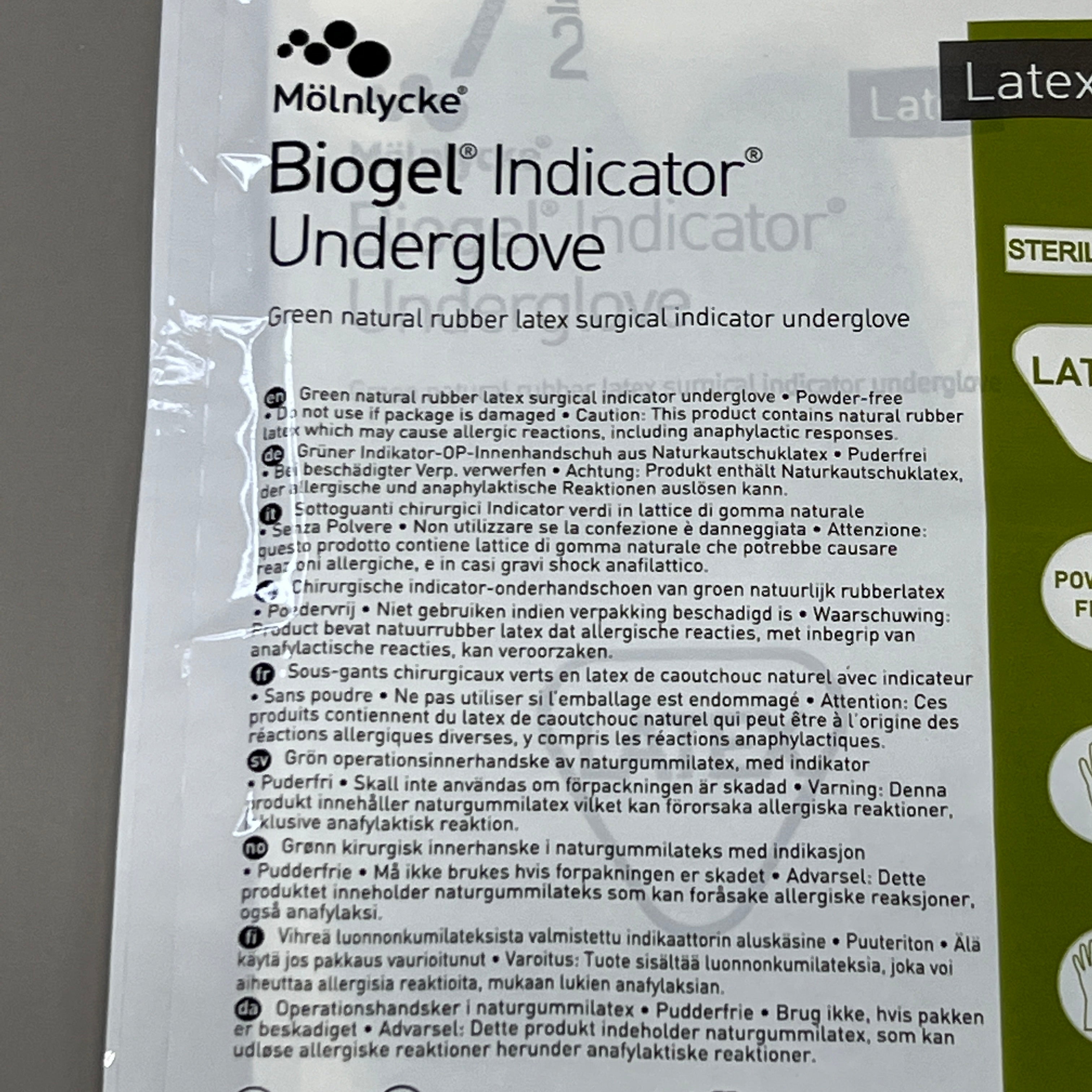 MOLNLYCKE Biogel Latex Surgical Indicator Underglove SZ 7.5 Green 50 Pairs 31275 (New)