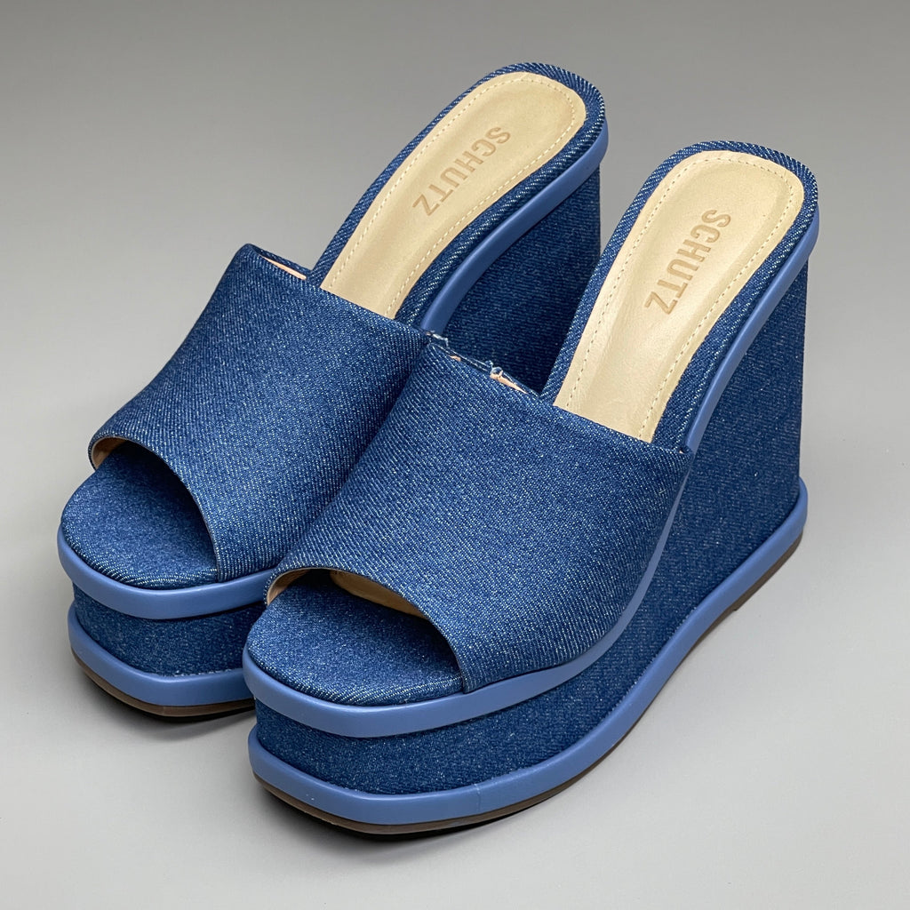 SCHUTZ Dalle Denim Women's Wedge Sandal Blue Platform Shoe Sz 7.5B (New)