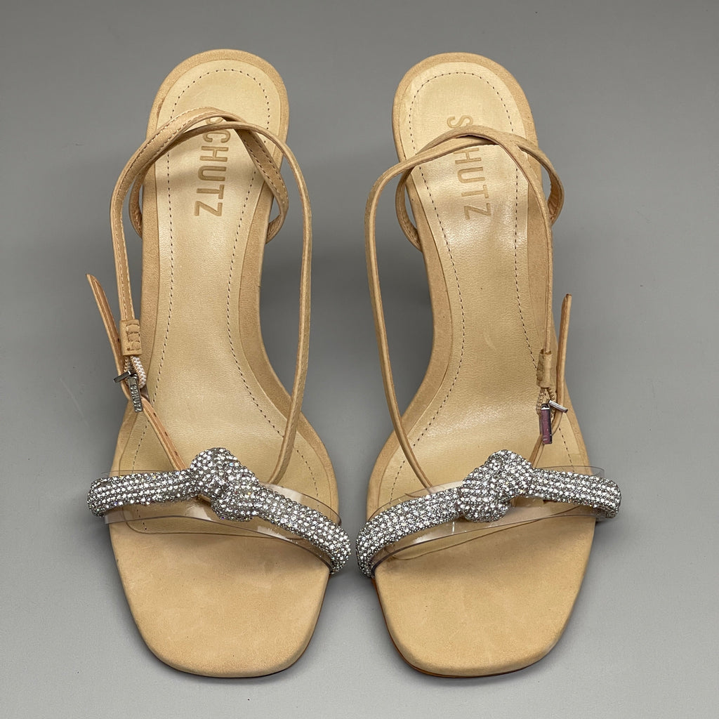SCHUTZ Peaky Nubuck & Vinyl Multimaterial Women's Sandal Heel Light Nude Sz 9B (New)