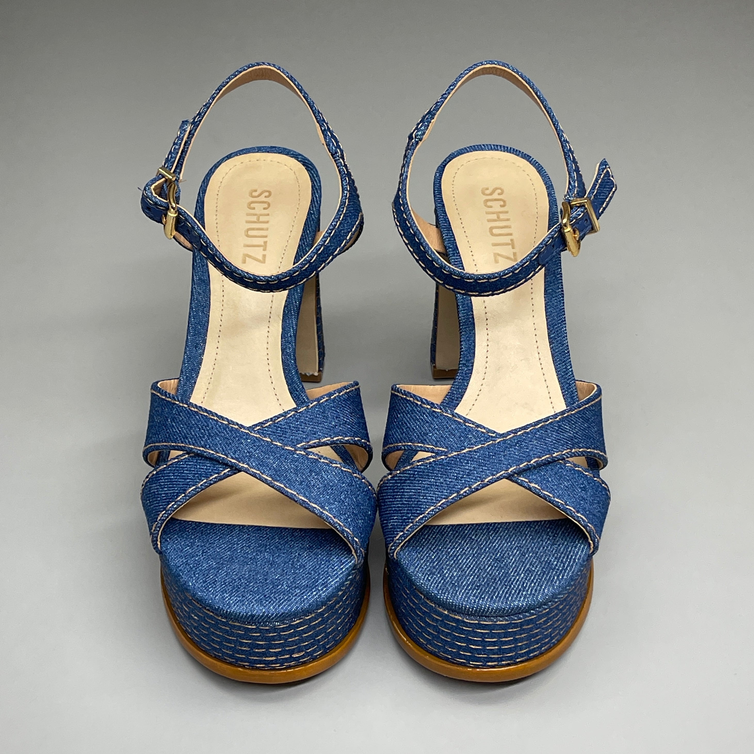 SCHUTZ Keefa Casual Denim Women's 4" Heeled Sandal Platform Blue Sz 6B (New)